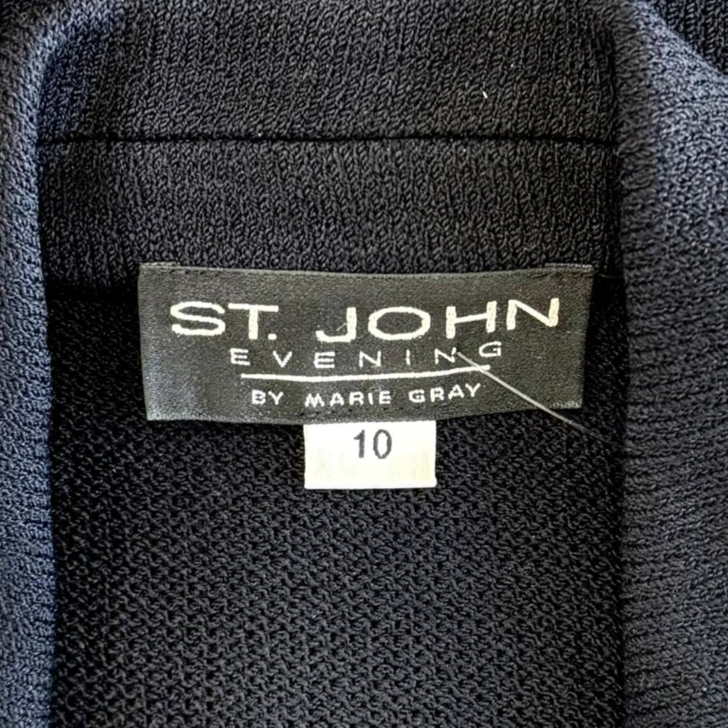 St. John Black Santana Knit Long Evening Jacket - Crystal Buttons & Paillette Trim - Size 4 and 10