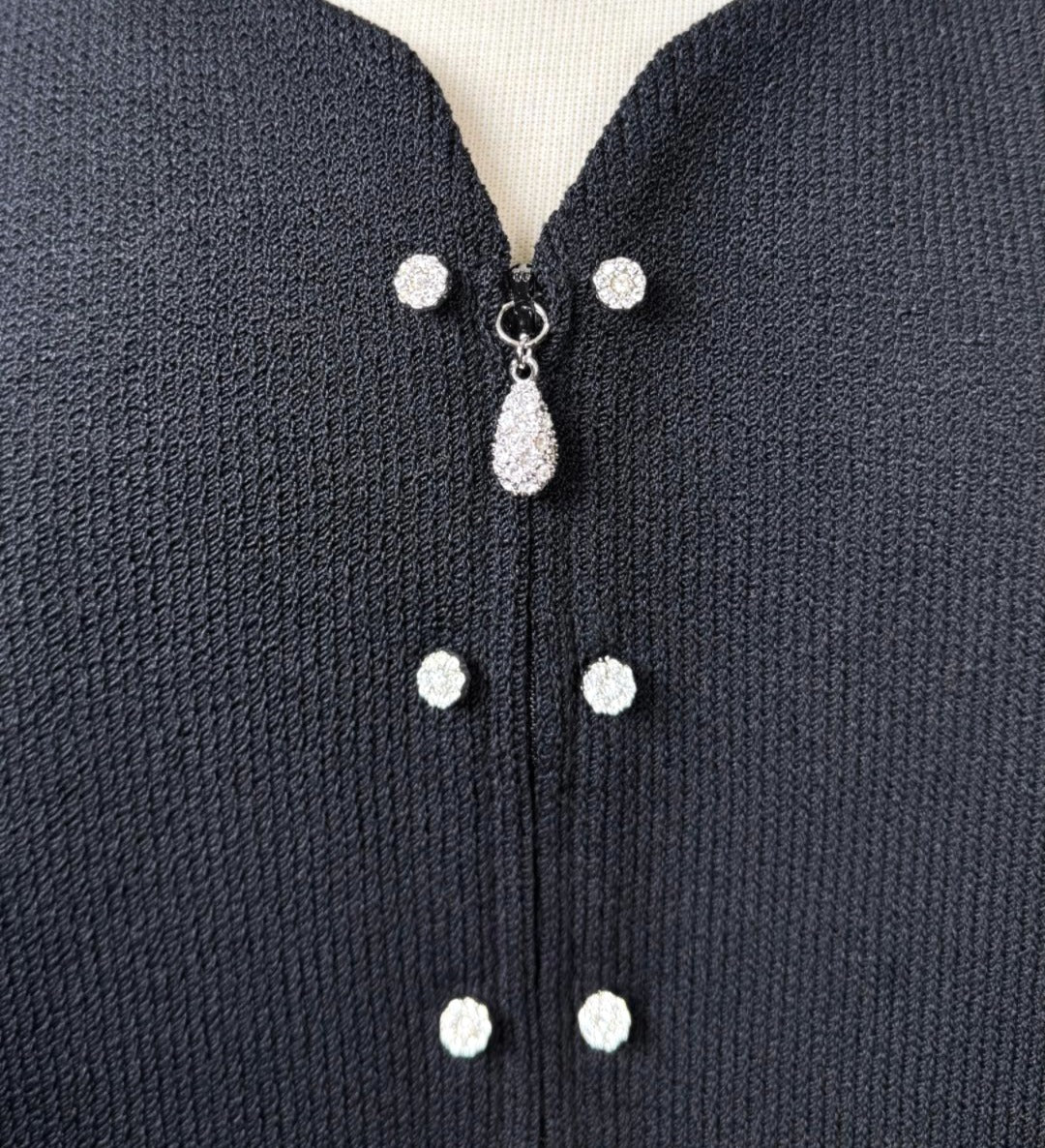 St. John Black Santana Knit Evening Jacket - Crystal Zipper & Button Detail - Size 12