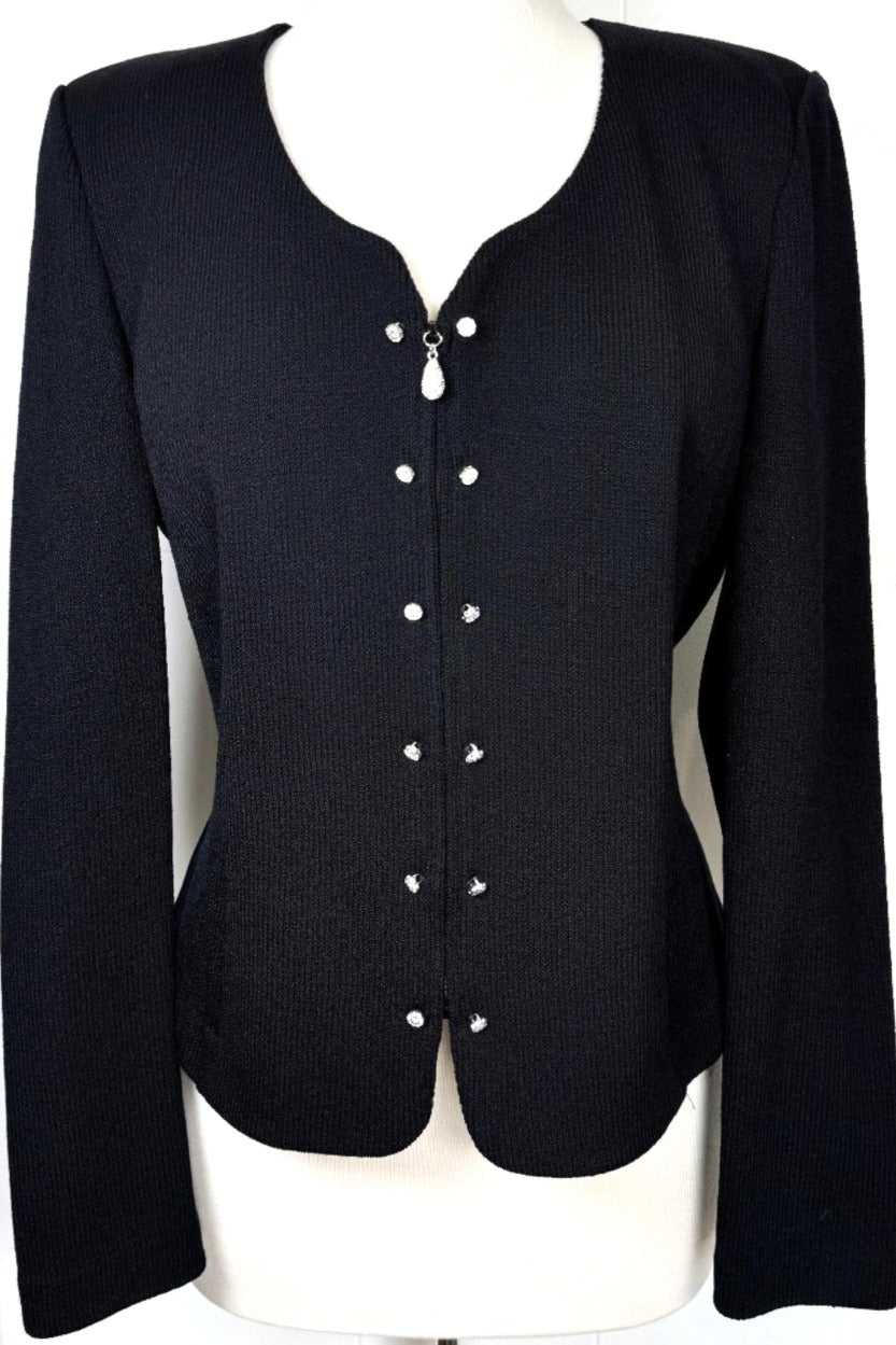 St. John Black Santana Knit Evening Jacket - Crystal Zipper & Button Detail - Size 12