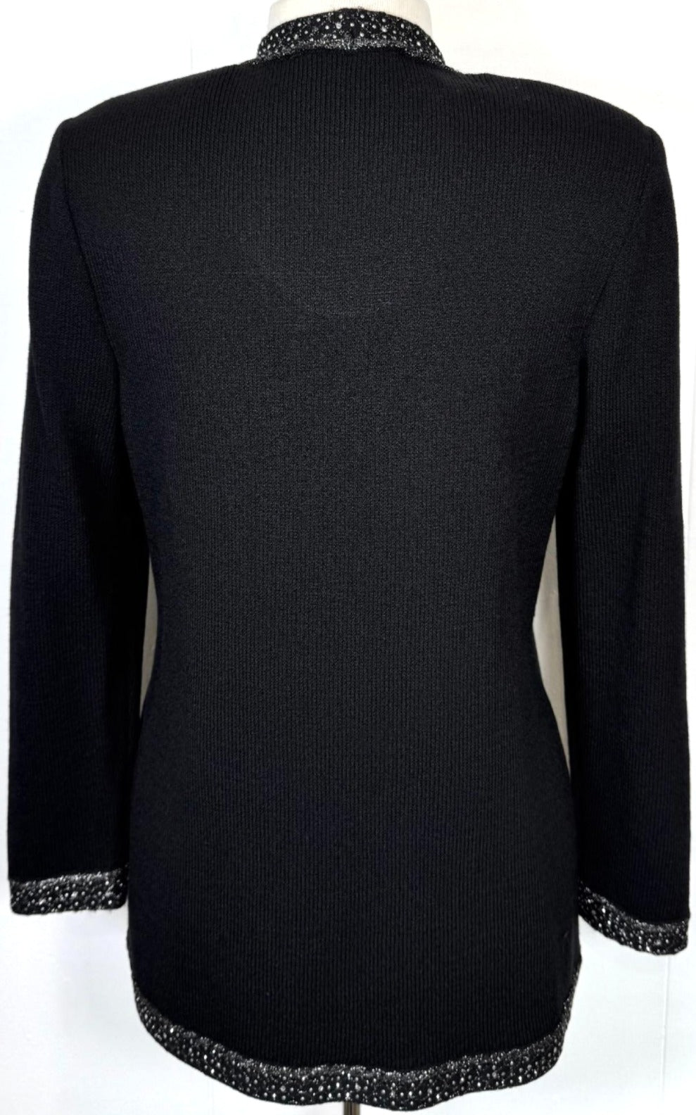 St. John Long Black Santana Knit Evening Jacket - Silver & Black Paillettes – Size 6, 8, 10
