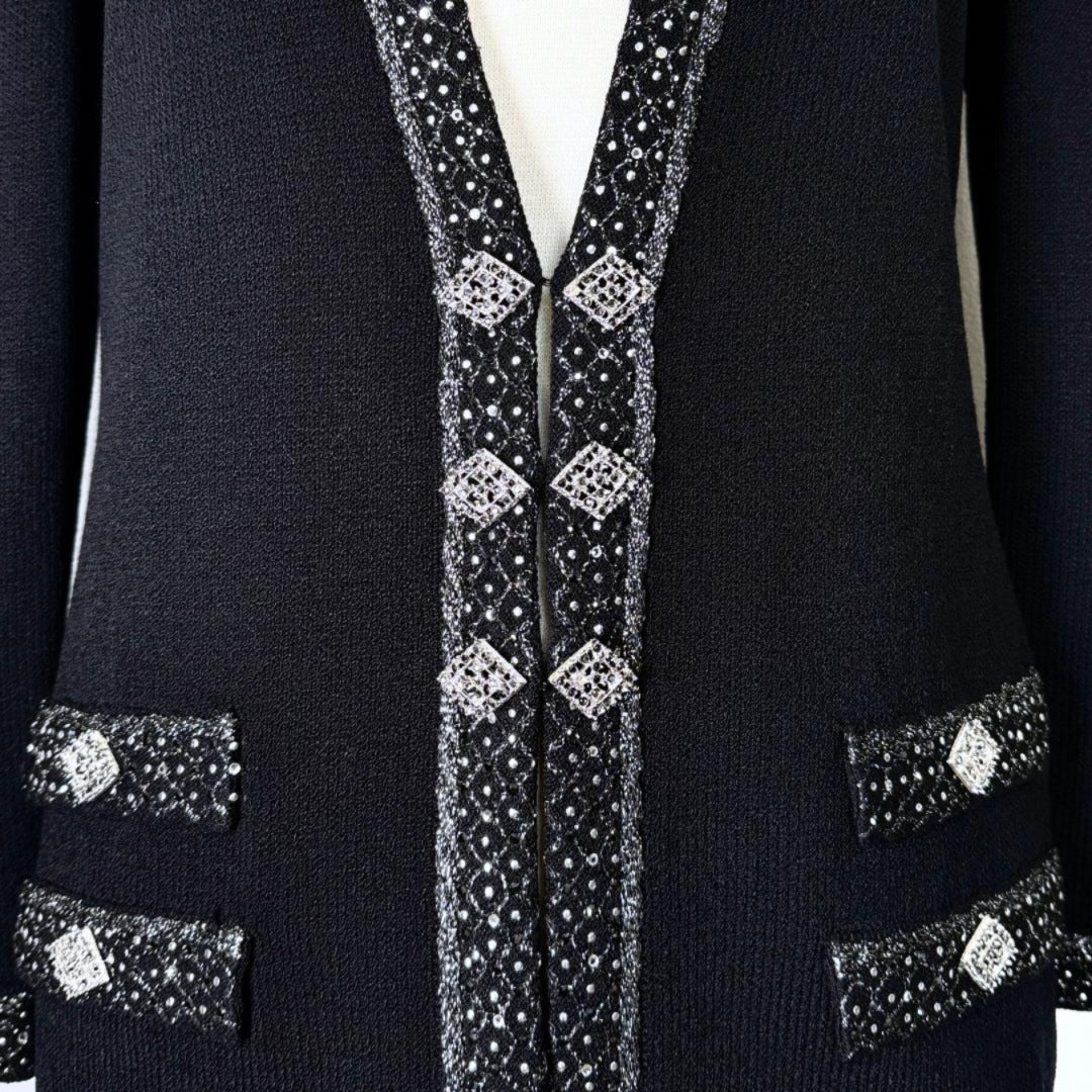 St. John Long Black Santana Knit Evening Jacket - Silver & Black Paillettes – Size 6, 8, 10
