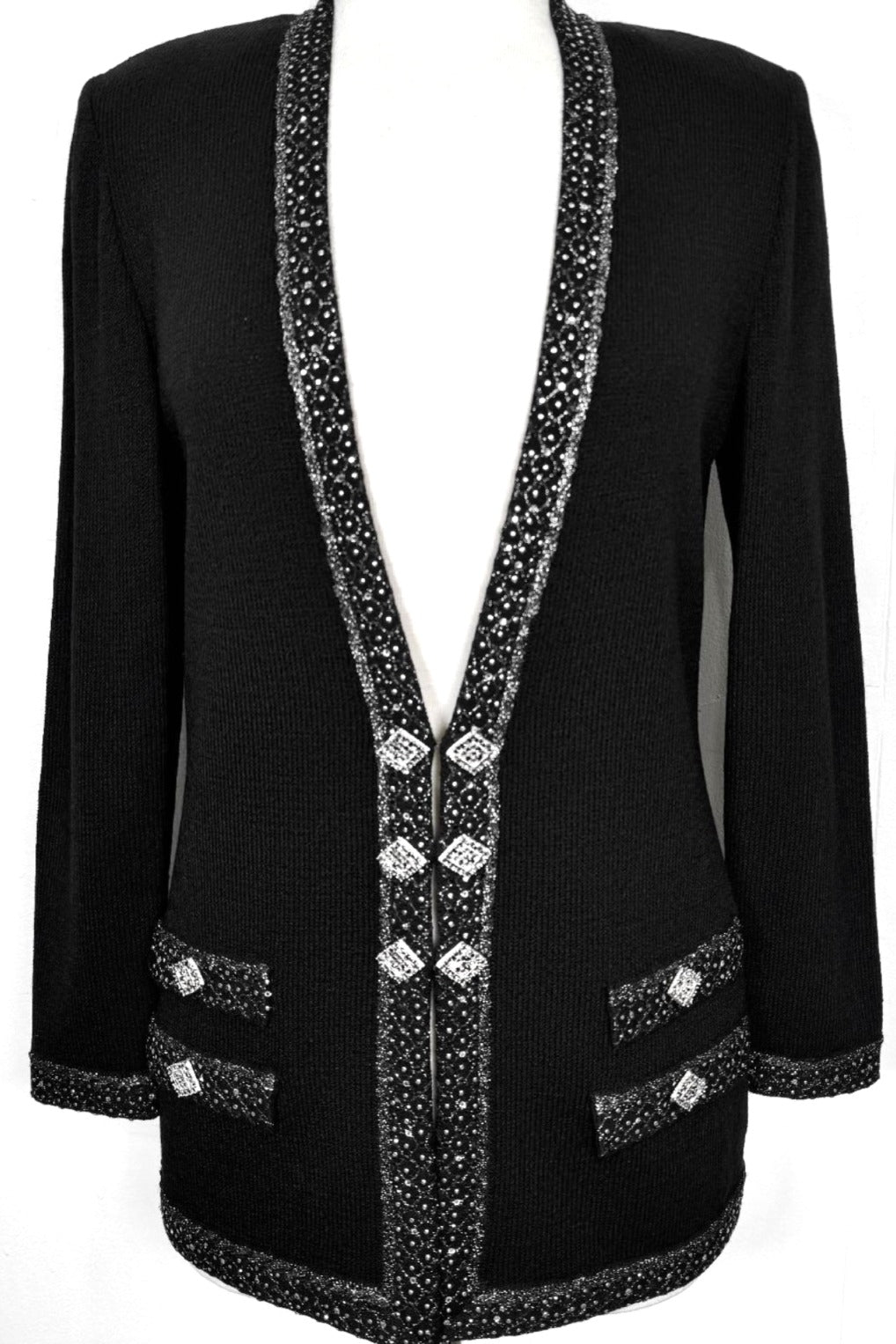 St. John Long Black Santana Knit Evening Jacket - Silver & Black Paillettes – Size 6, 8, 10