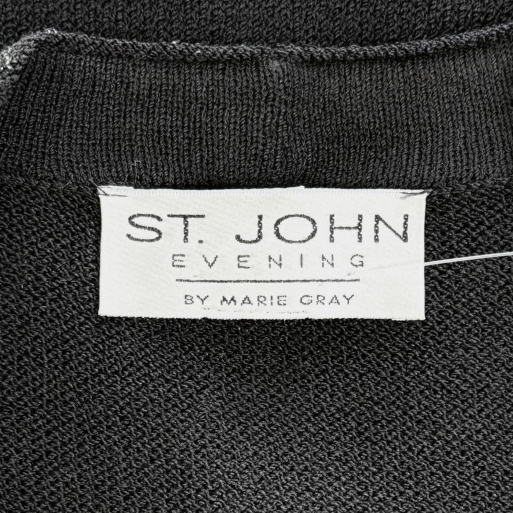 St. John Long Black Santana Knit Evening Jacket - Silver & Black Paillettes – Size 6, 8, 10