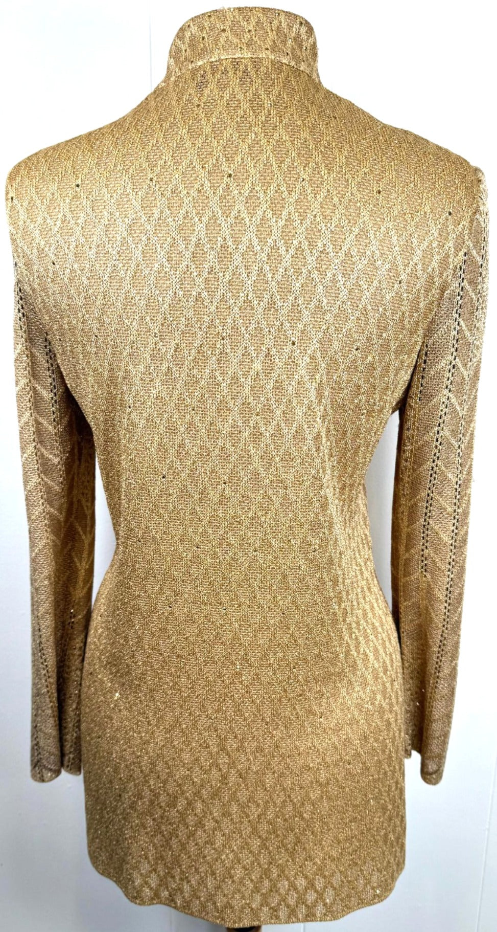 St. John Long Gold Metallic Knit Evening Jacket - Glass Buttons & Paillettes – Size 2