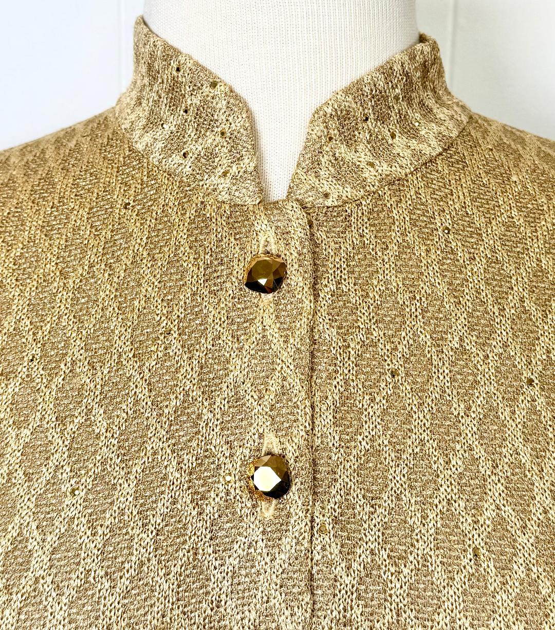 St. John Long Gold Metallic Knit Evening Jacket - Glass Buttons & Paillettes – Size 2