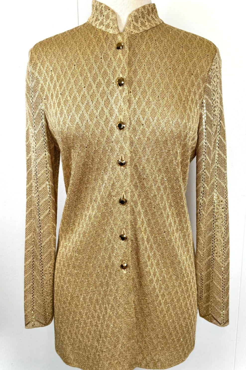 St. John Long Gold Metallic Knit Evening Jacket - Glass Buttons & Paillettes – Size 2