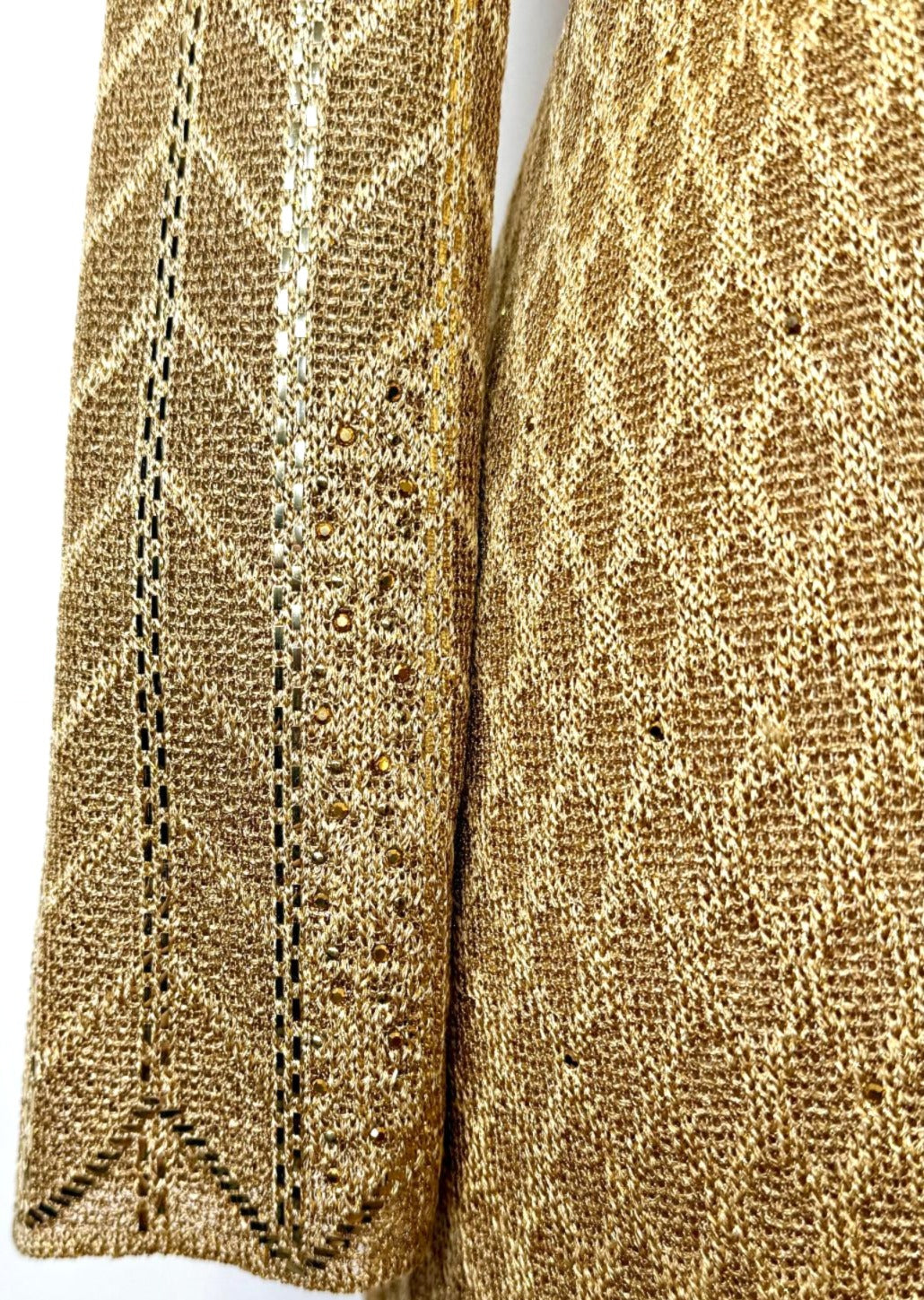 St. John Long Gold Metallic Knit Evening Jacket - Glass Buttons & Paillettes – Size 2