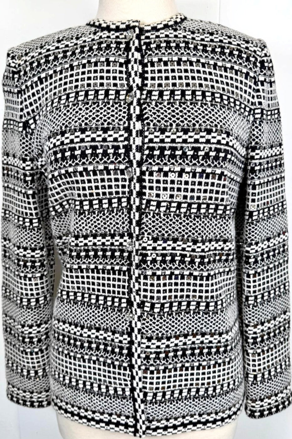 St. John Black & White Santana Knit Evening Jacket - Silver Paillettes – Size M