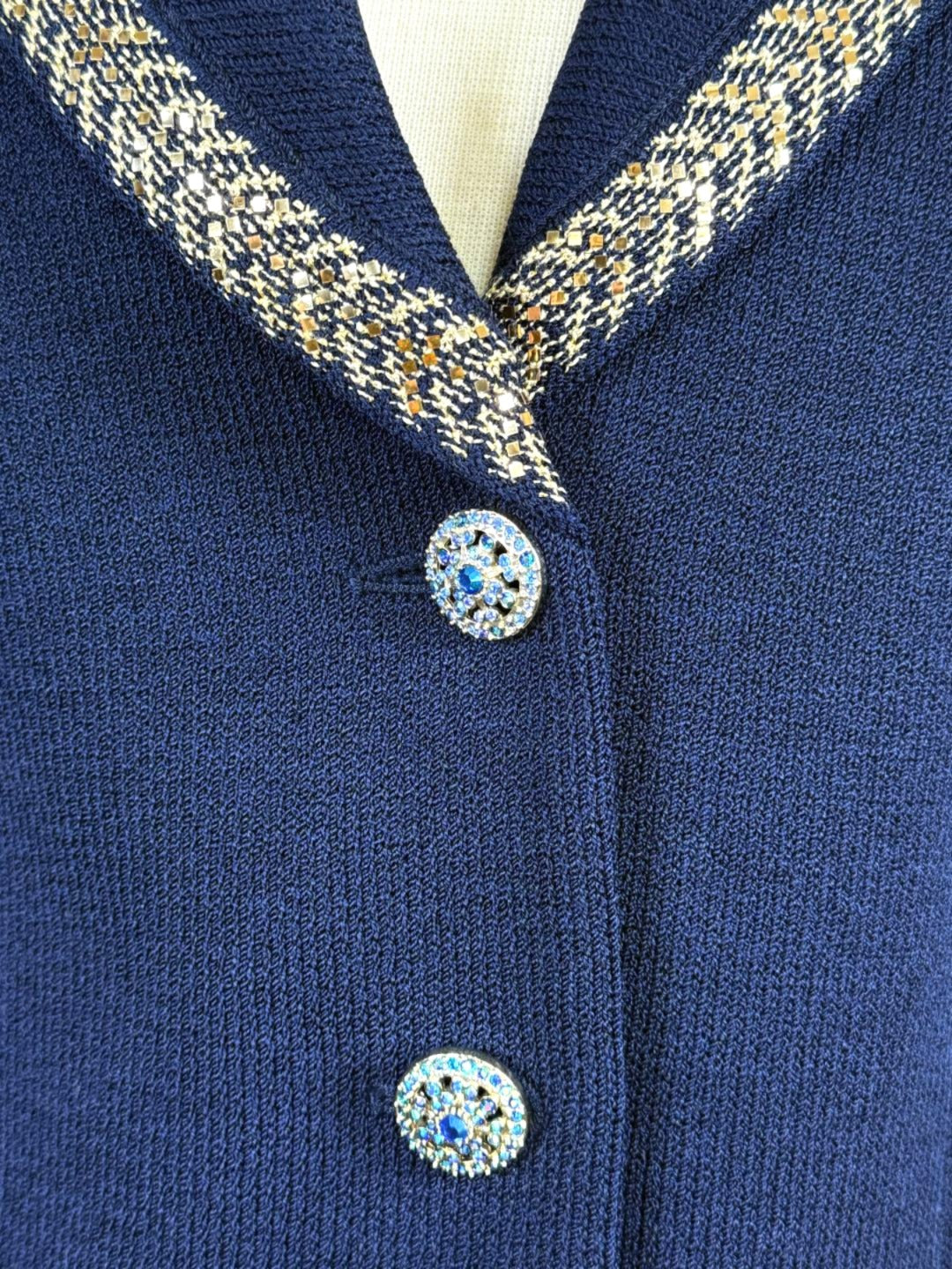 St. John Navy Blue Santana Knit Evening Jacket - Gold Trim - Size 2