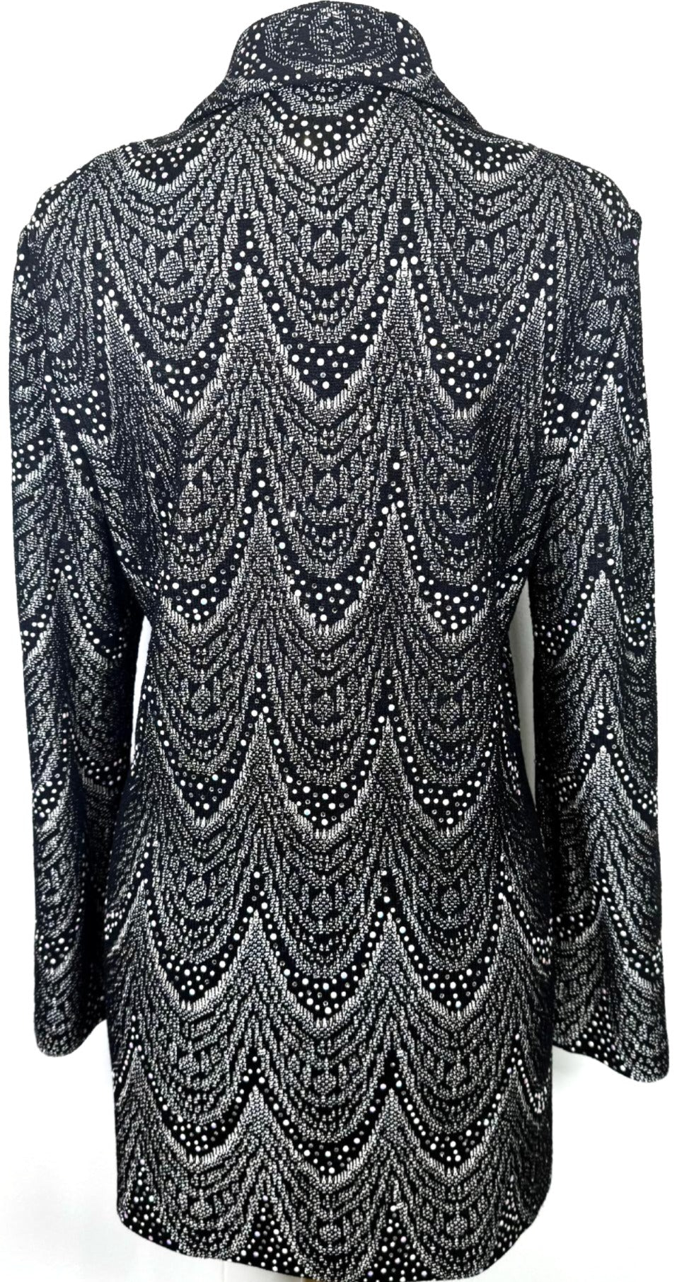 St. John Long Black & White Santana Knit Evening Jacket - Pearl & Crystal Embellishment - Size 10