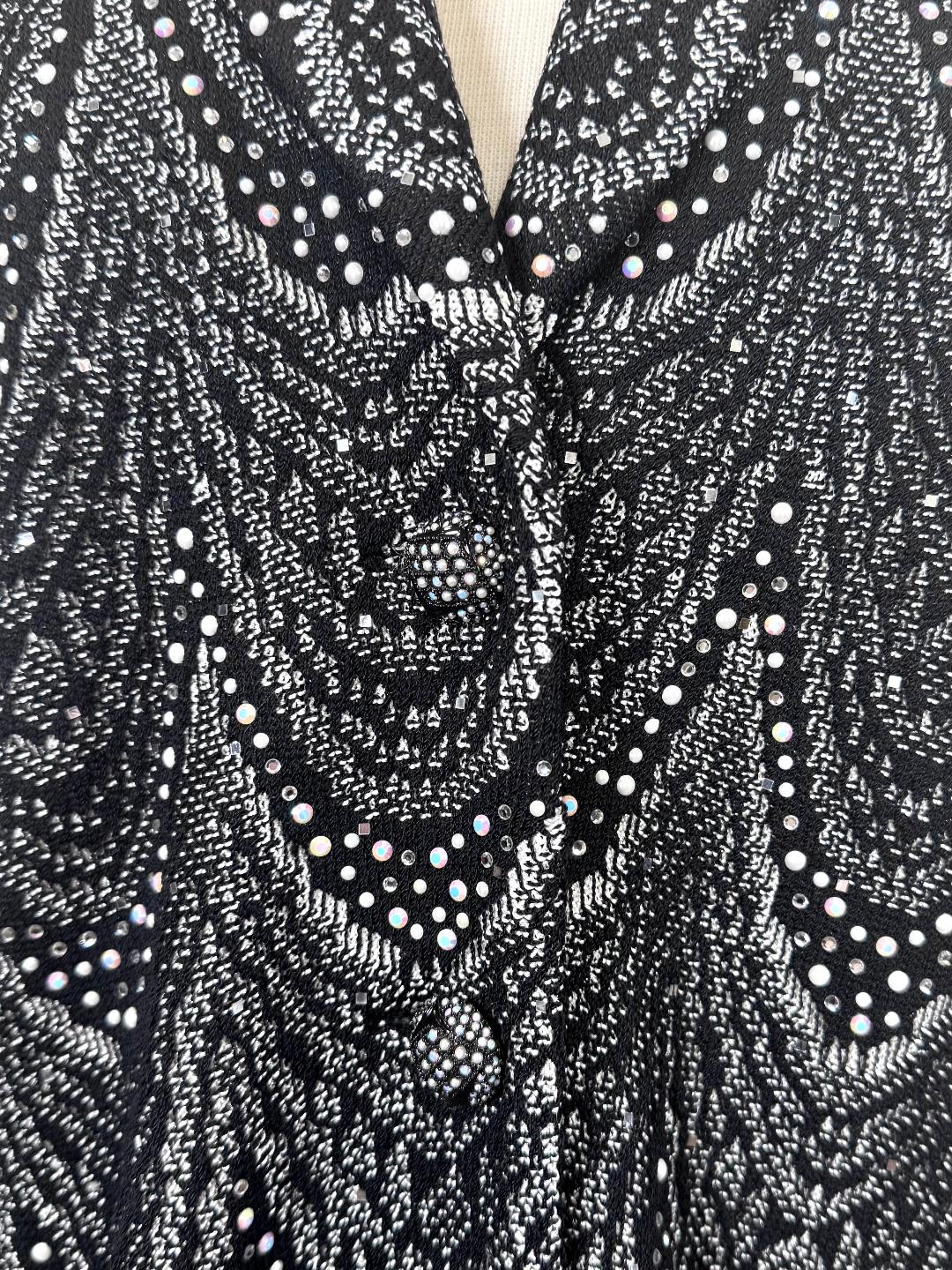 St. John Long Black & White Santana Knit Evening Jacket - Pearl & Crystal Embellishment - Size 10