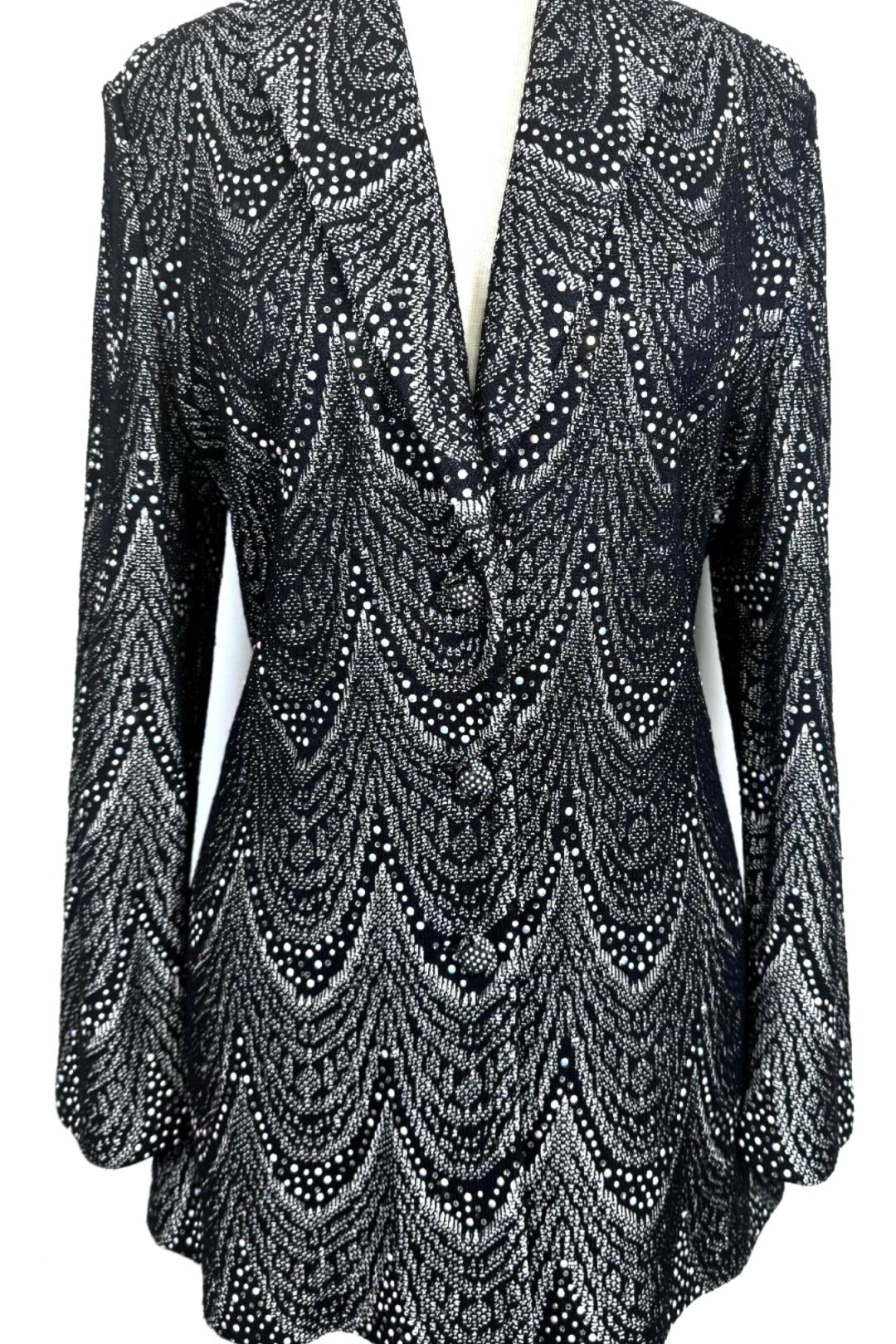 St. John Long Black & White Santana Knit Evening Jacket - Pearl & Crystal Embellishment - Size 10