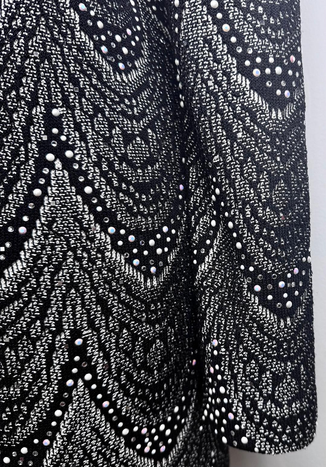 St. John Long Black & White Santana Knit Evening Jacket - Pearl & Crystal Embellishment - Size 10