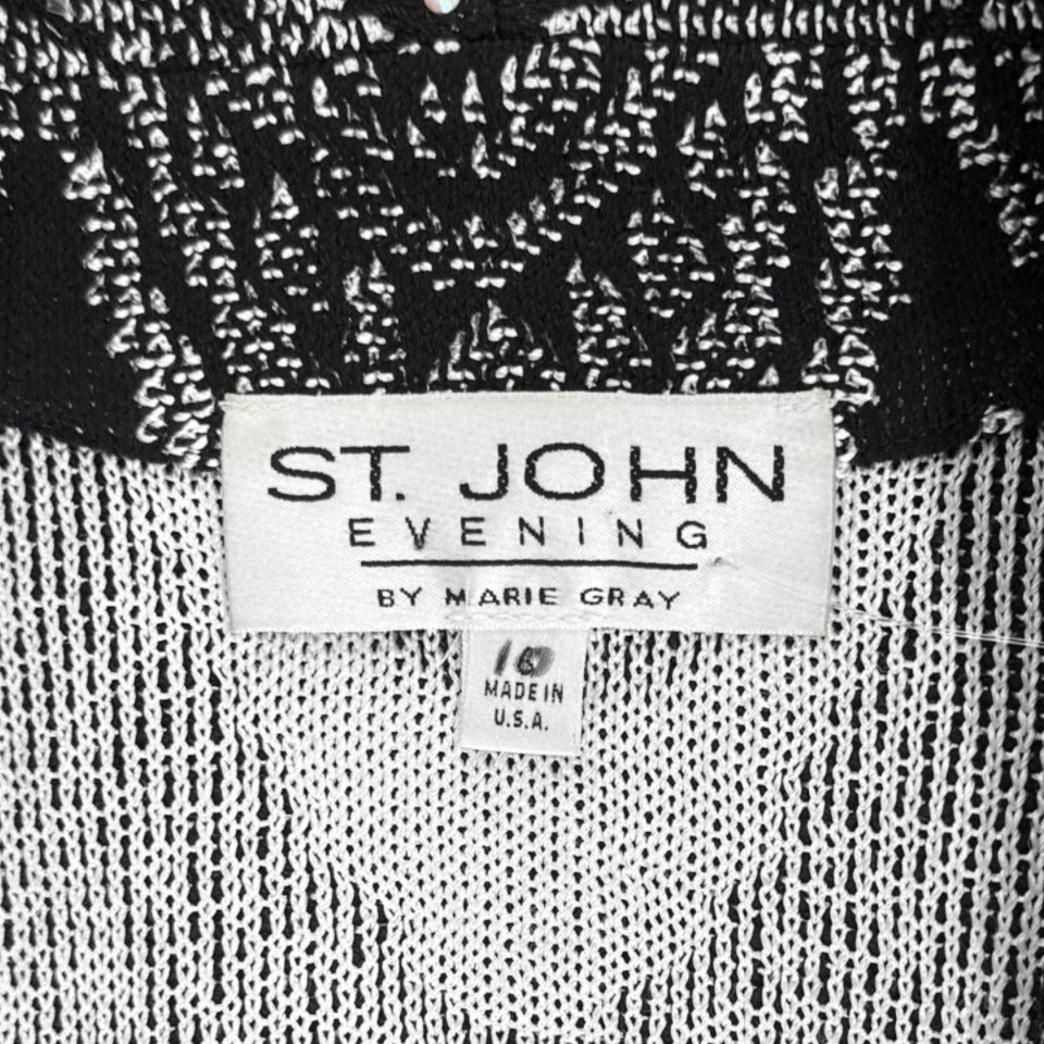 St. John Long Black & White Santana Knit Evening Jacket - Pearl & Crystal Embellishment - Size 10