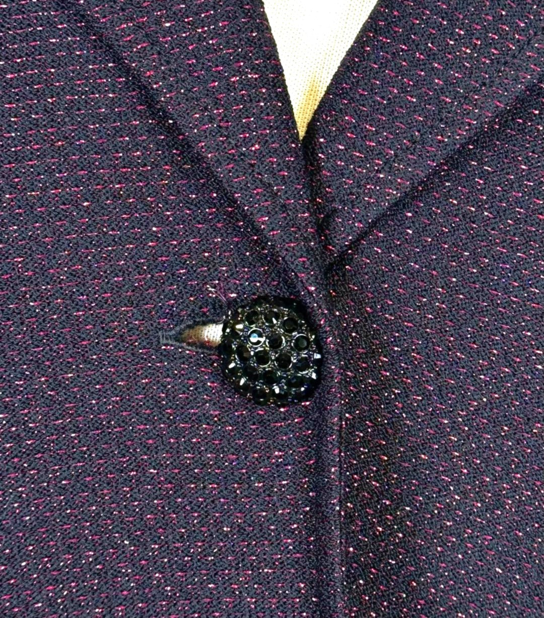 St. John Long Black & Pink Metallic Evening Jacket - Crystal Button Detail - Size 14