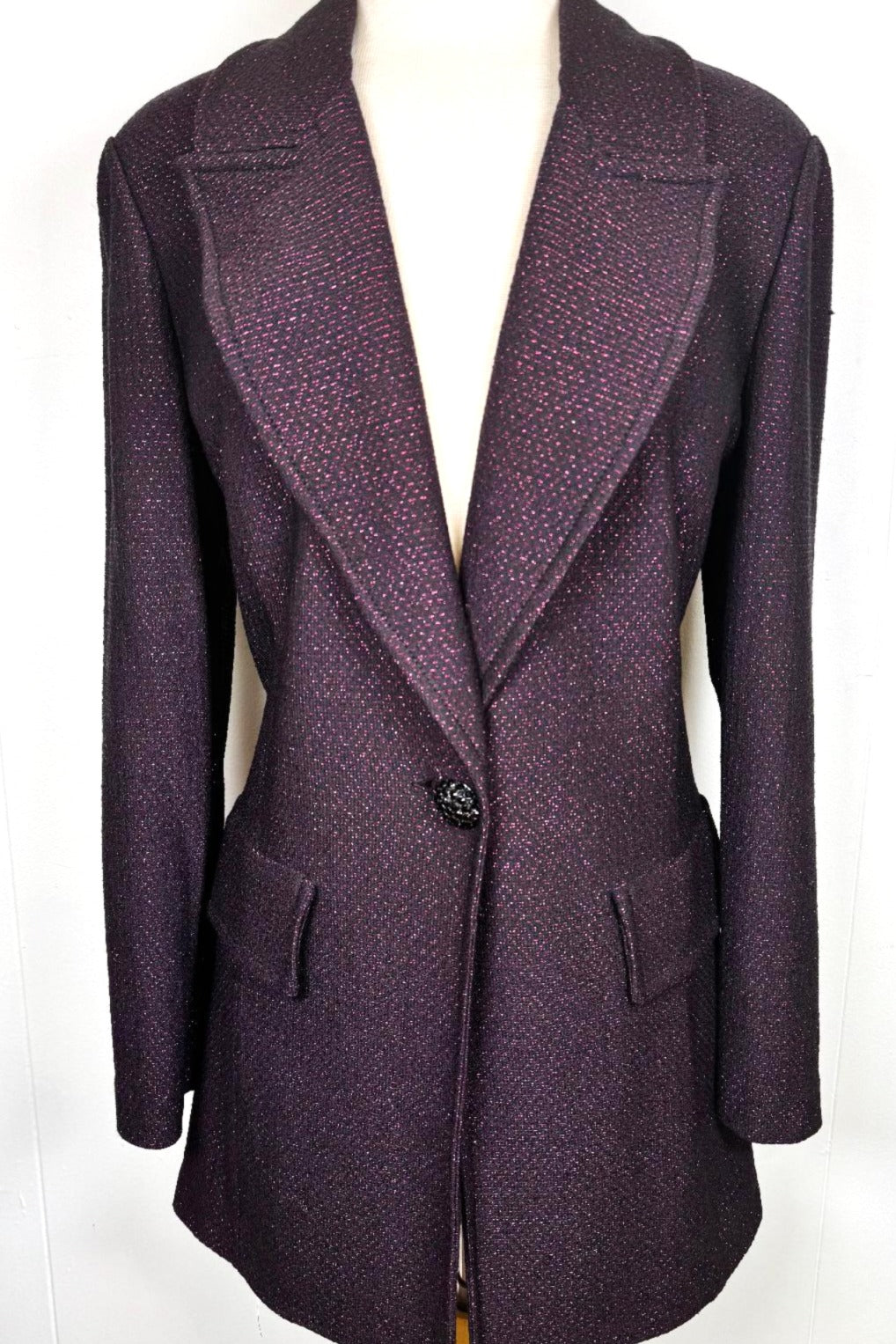 St. John Long Black & Pink Metallic Evening Jacket - Crystal Button Detail - Size 14