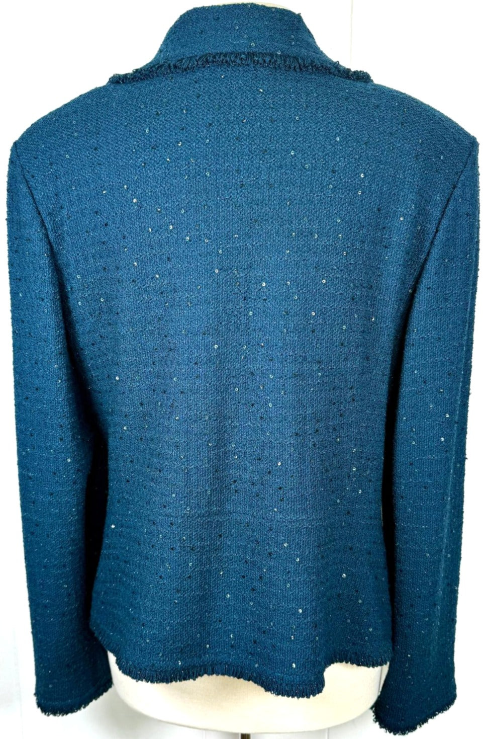 St. John Teal Blue Couture Evening Jacket - Fringe & Sequin Detail - Size 16