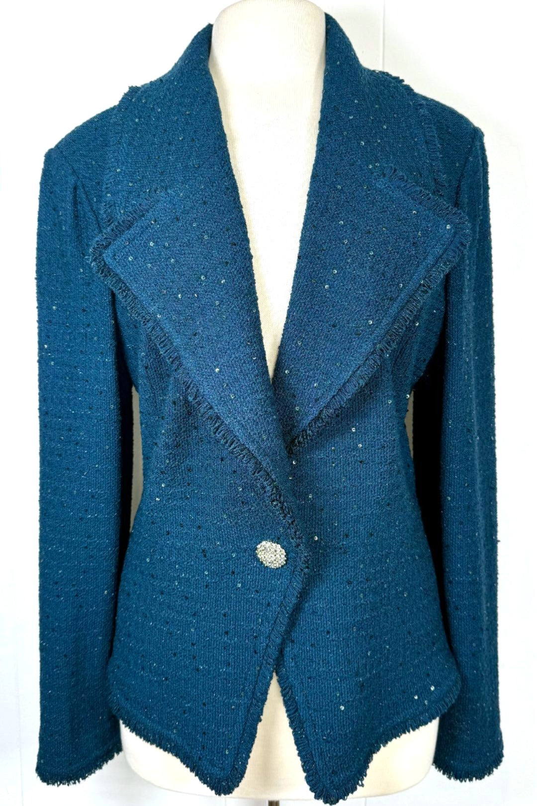 St. John Teal Blue Couture Evening Jacket - Fringe & Sequin Detail - Size 16