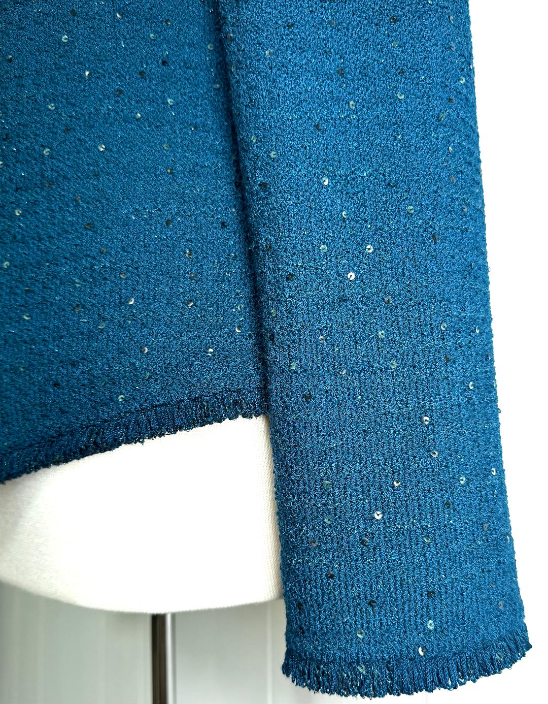 St. John Teal Blue Couture Evening Jacket - Fringe & Sequin Detail - Size 16