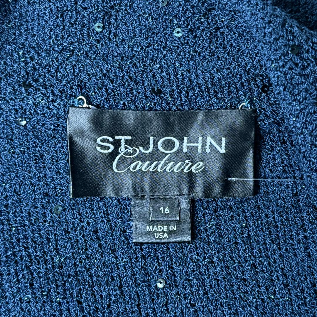 St. John Teal Blue Couture Evening Jacket - Fringe & Sequin Detail - Size 16