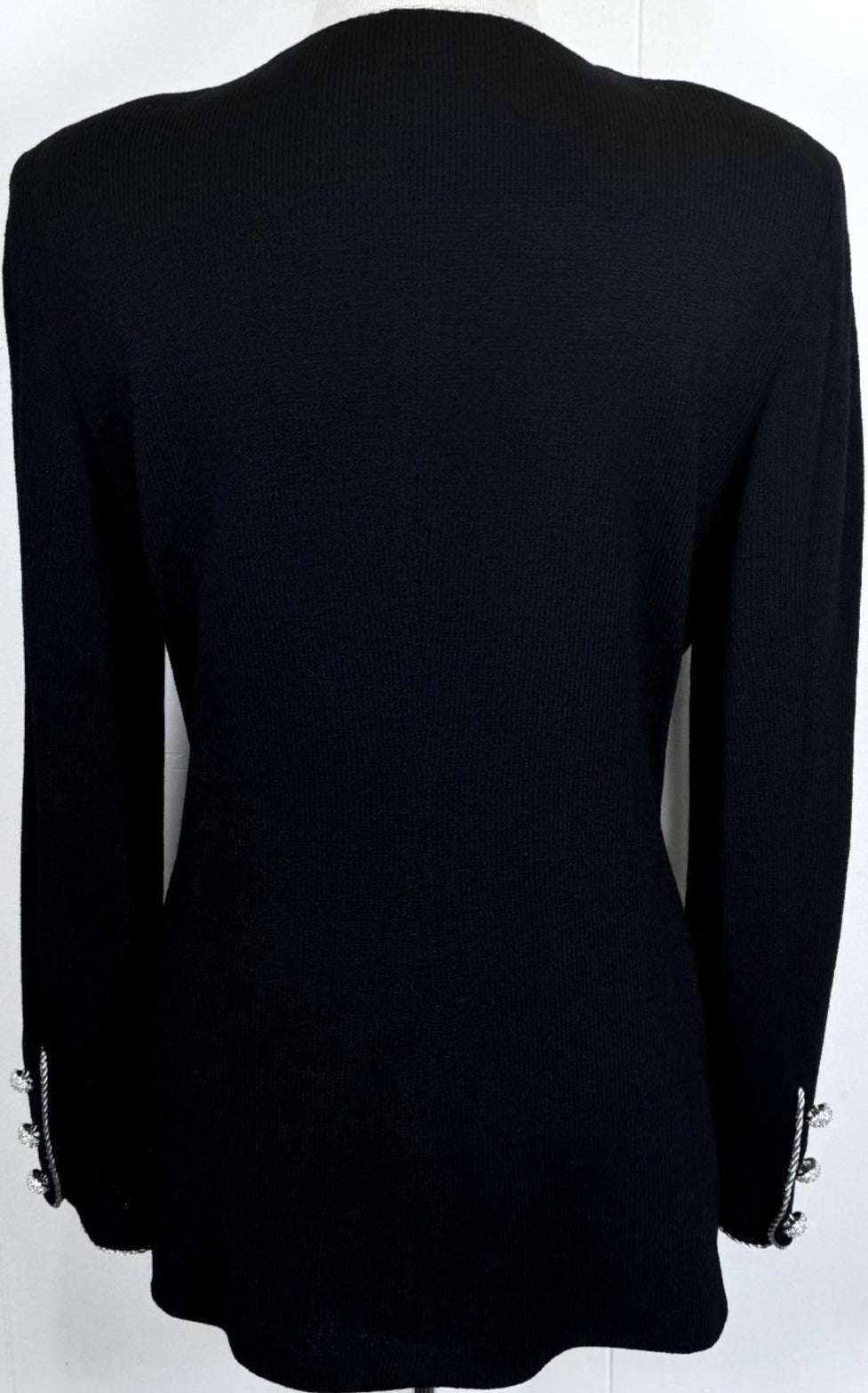 St. John Black Santana Knit Evening Jacket with Silver Trim & Crystal Buttons - Size 12