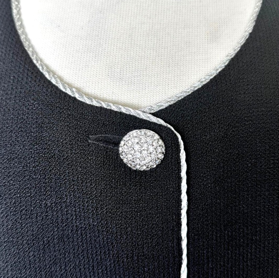 St. John Black Santana Knit Evening Jacket with Silver Trim & Crystal Buttons - Size 12