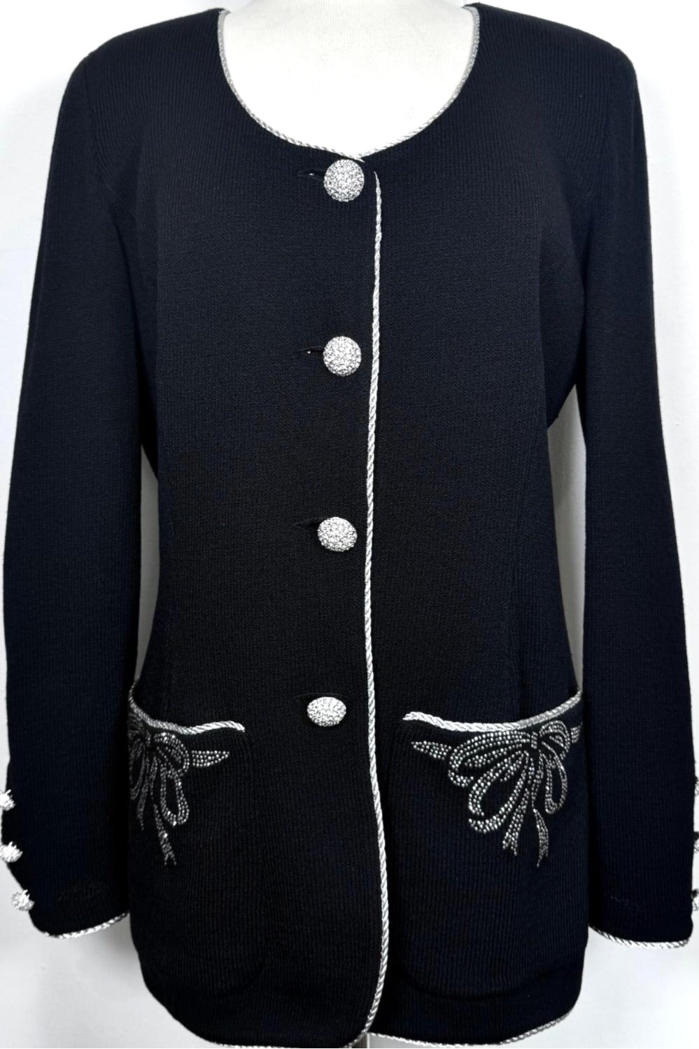 St. John Black Santana Knit Evening Jacket with Silver Trim & Crystal Buttons - Size 12