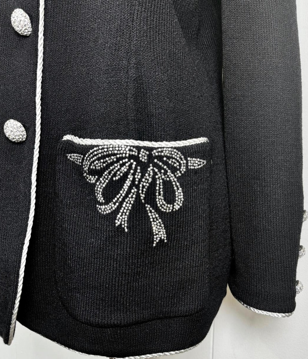 St. John Black Santana Knit Evening Jacket with Silver Trim & Crystal Buttons - Size 12