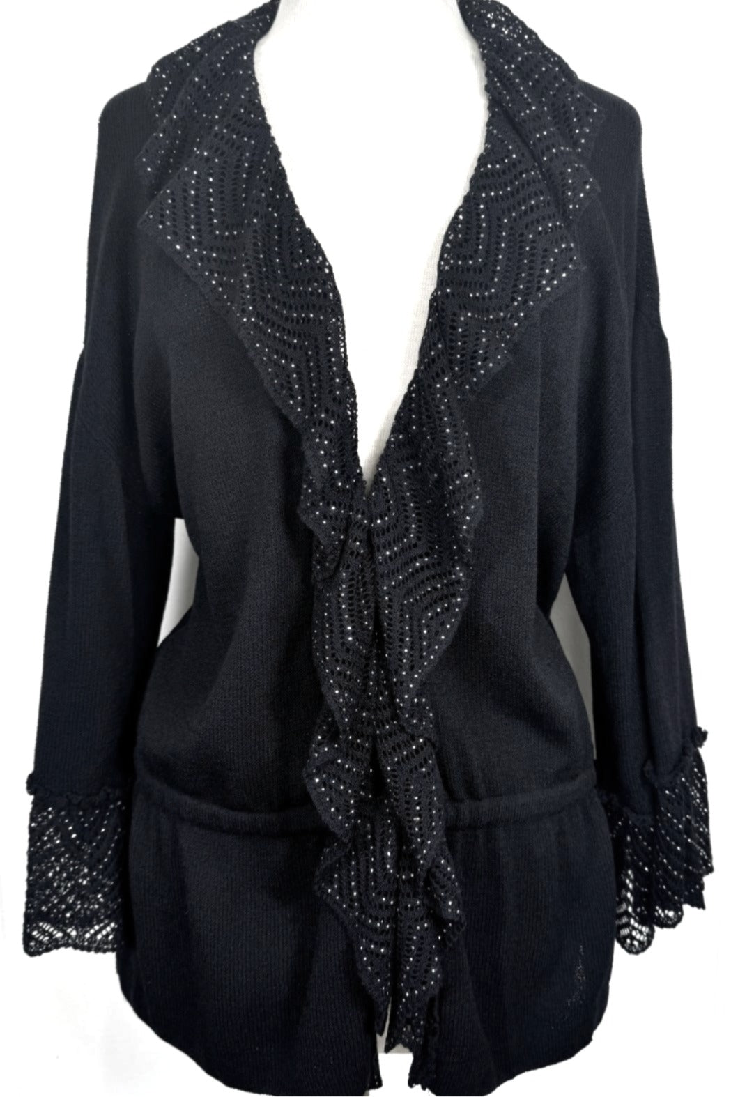 St. John Black Santana Knit Evening Jacket - Ruffled Paillette Trim - Size 14
