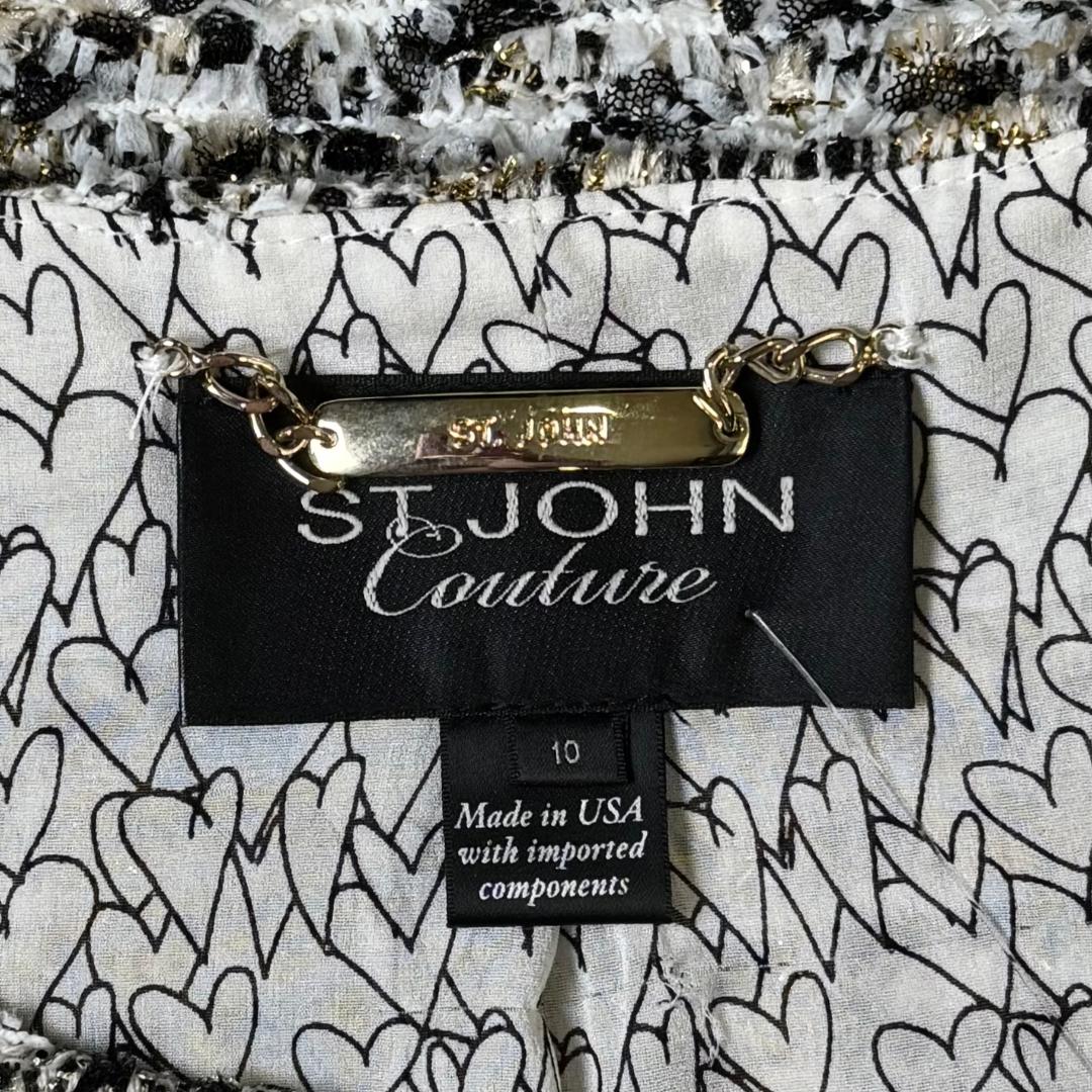 St. John Couture Black & White Eyelash Knit Jacket - Gold Paillettes and Silk Lining - Size 10