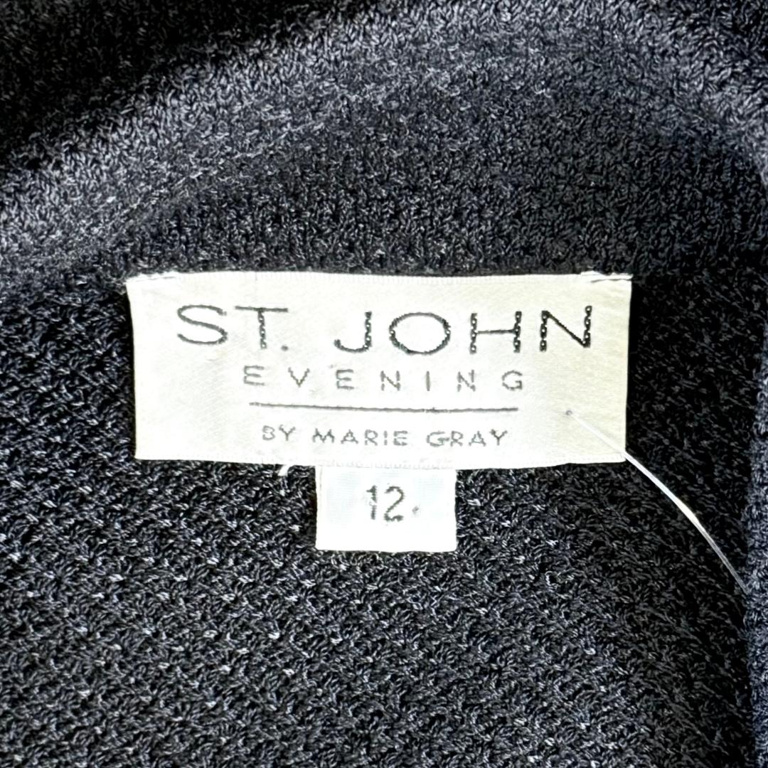 St. John Evening Black Textured Knit Jacket – Square Glass Buttons & Paillette Ribbon Trim - Size 12