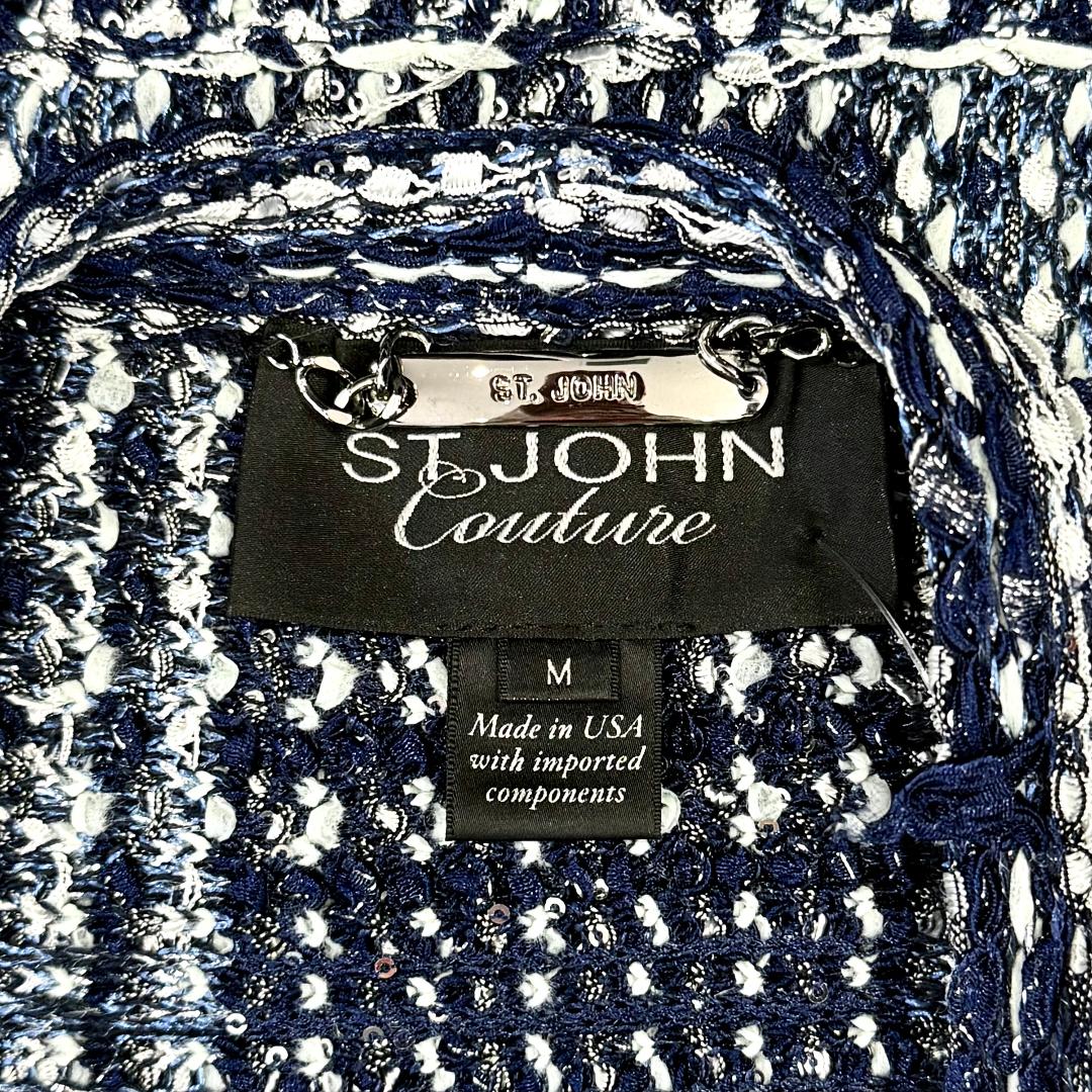 St. John Couture Blue & White Sequin Fringe Jacket – Size M