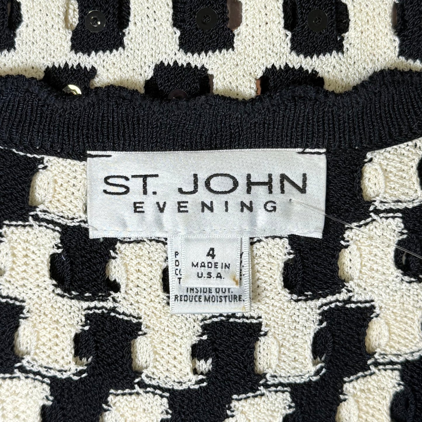 St. John Black & White Santana Knit Jacket – Open Stitch & Black Paillettes – Size 4
