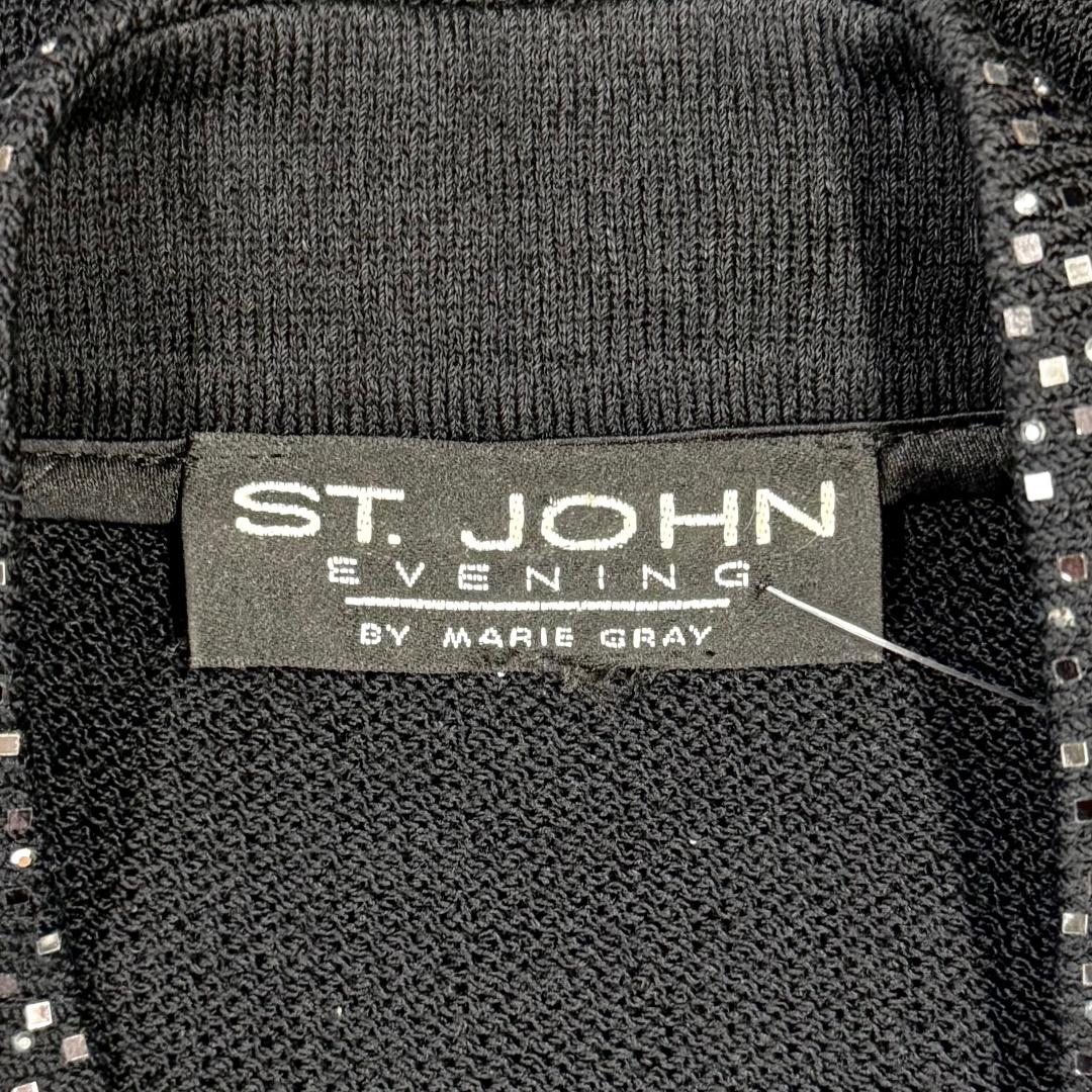 St. John Black Santana Knit Evening Jacket – Crystal Zipper Pull & Paillette Trim – Size 10