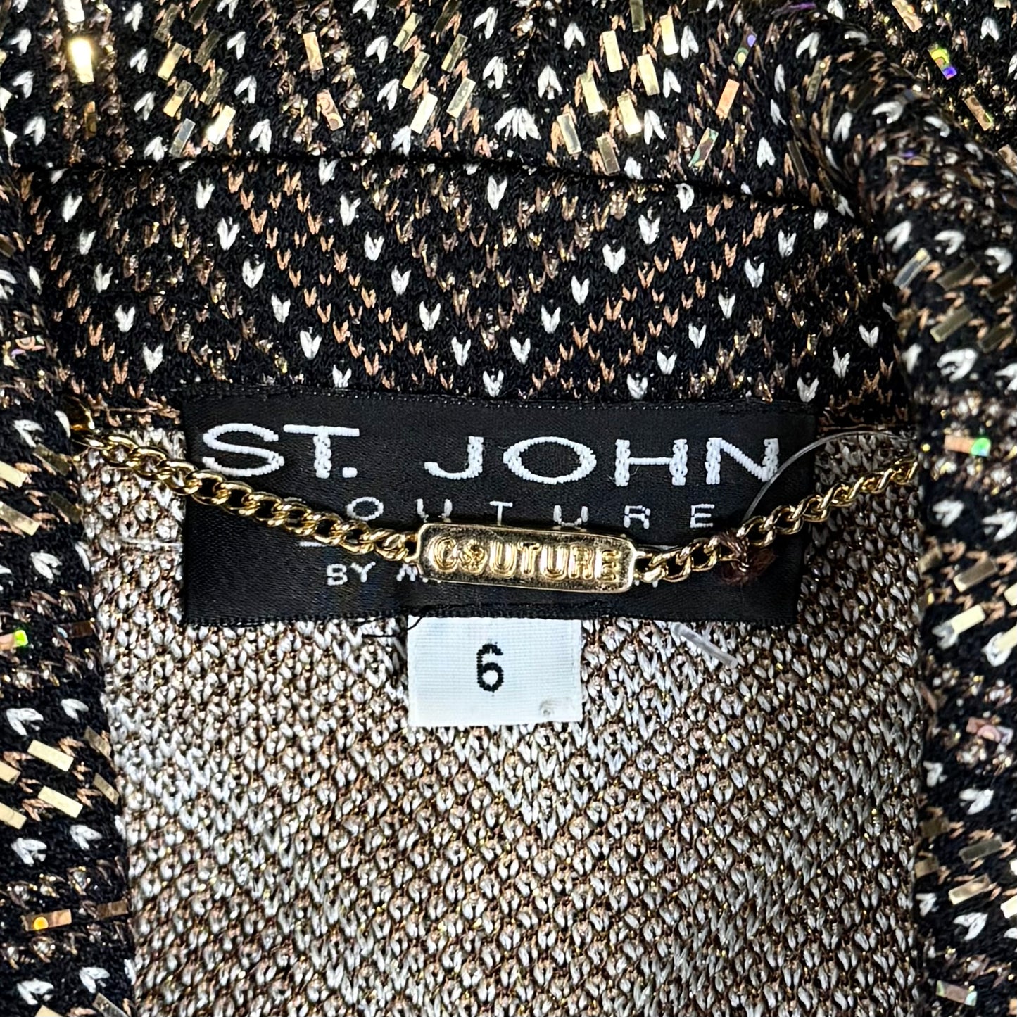 St. John Black Multi-Tone Paillettes Evening Jacket – Beaded Tassel Trim – Size 6