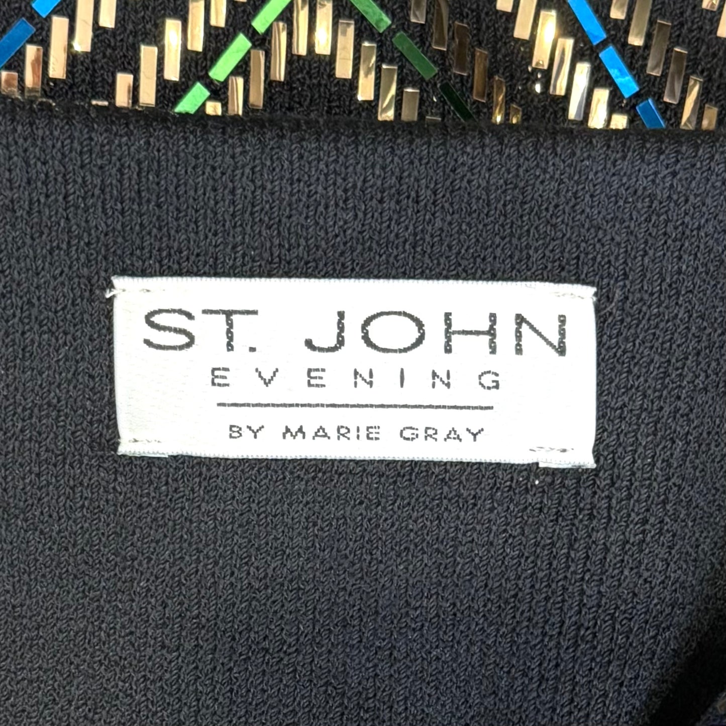 St. John Black Santana Knit Evening Jacket – Multicolor Paillettes & Crystal Buttons – Size 12