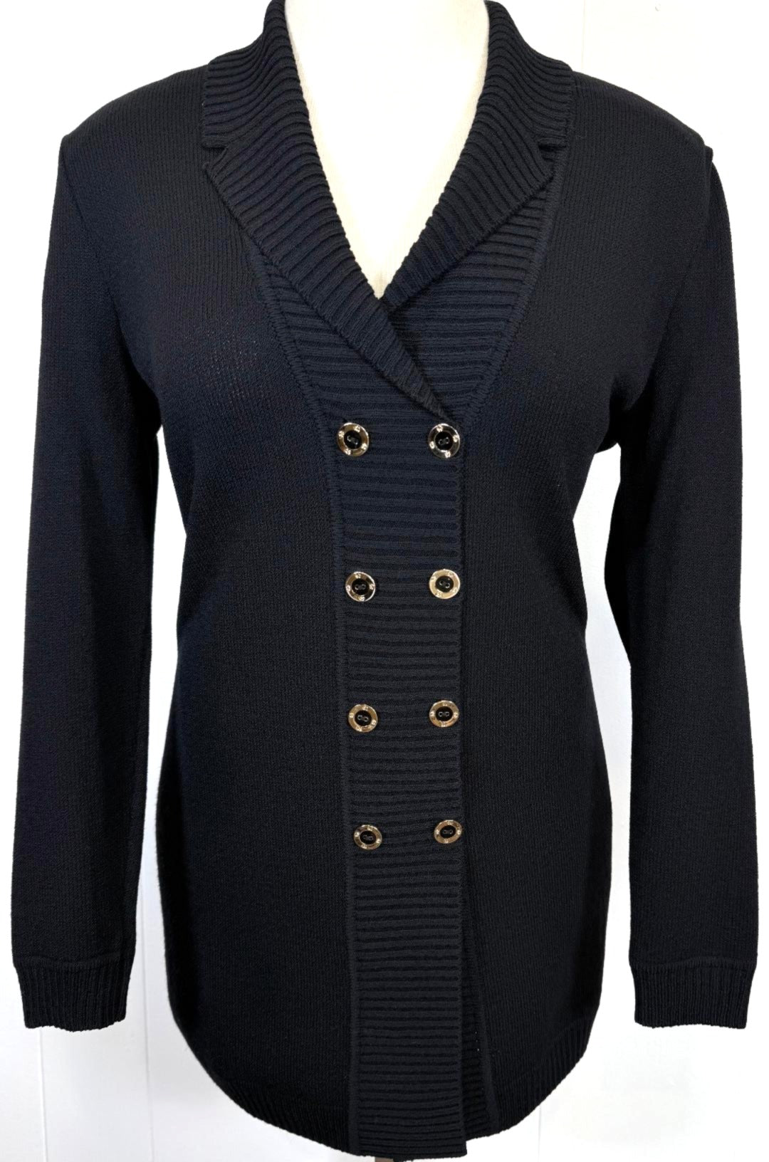 St. John Sport Long Black Double Breasted Jacket with Gold-Accent Logo Buttons - Size L/12/14