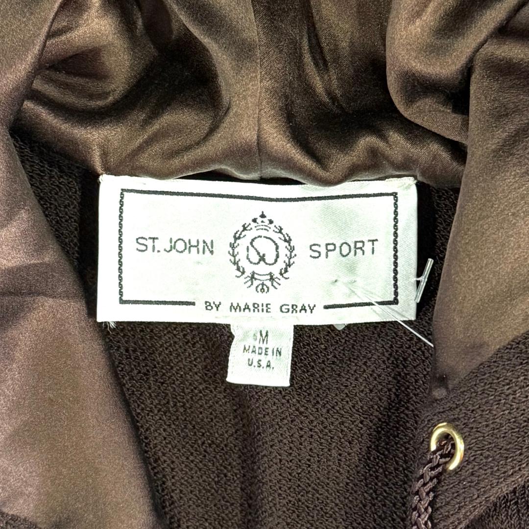 St. John Brown Santana Knit Sport Hooded Jacket – Gold Logo Zip – Size M