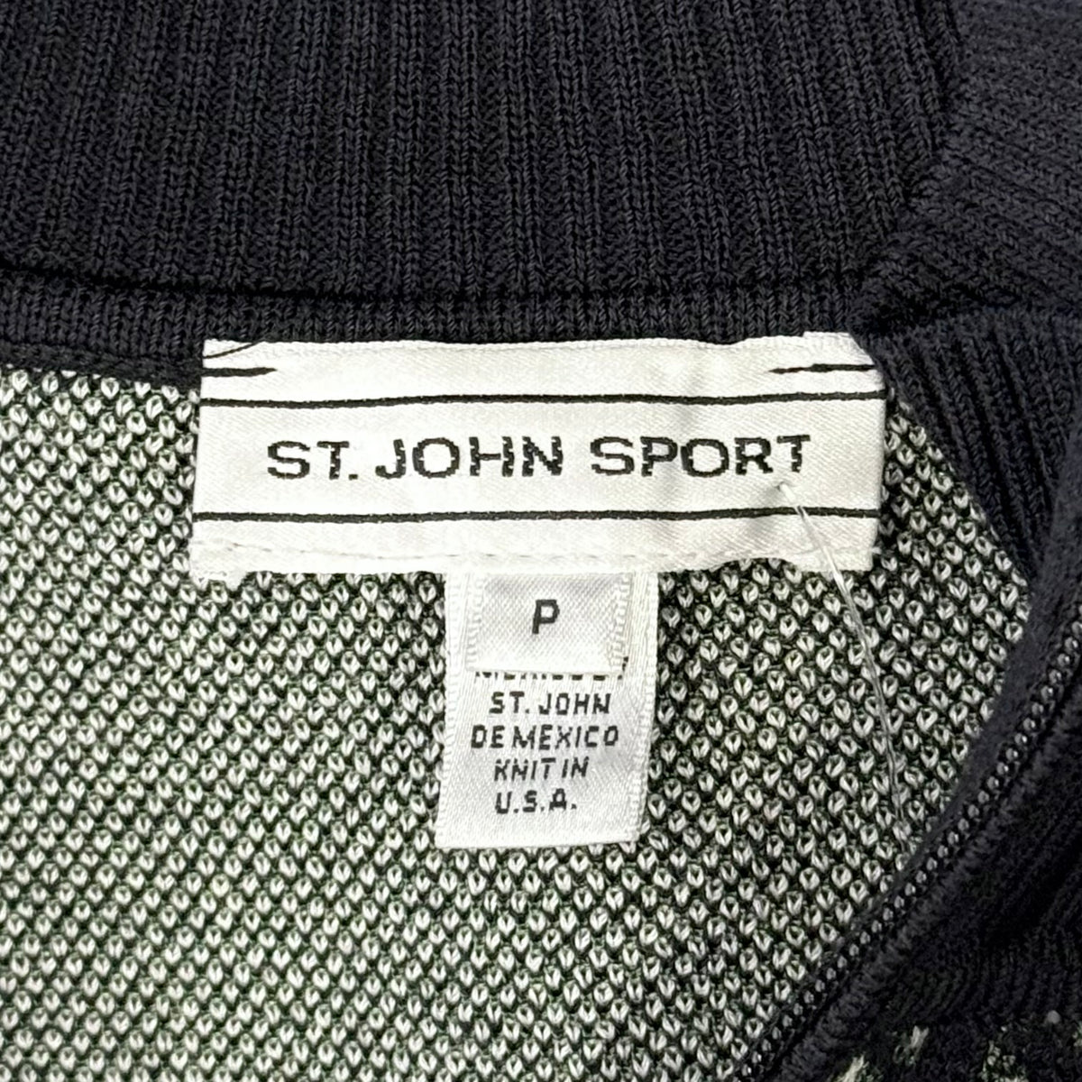St. John Black, Green & White Print Knit Jacket – Logo Zipper Detail – Size P