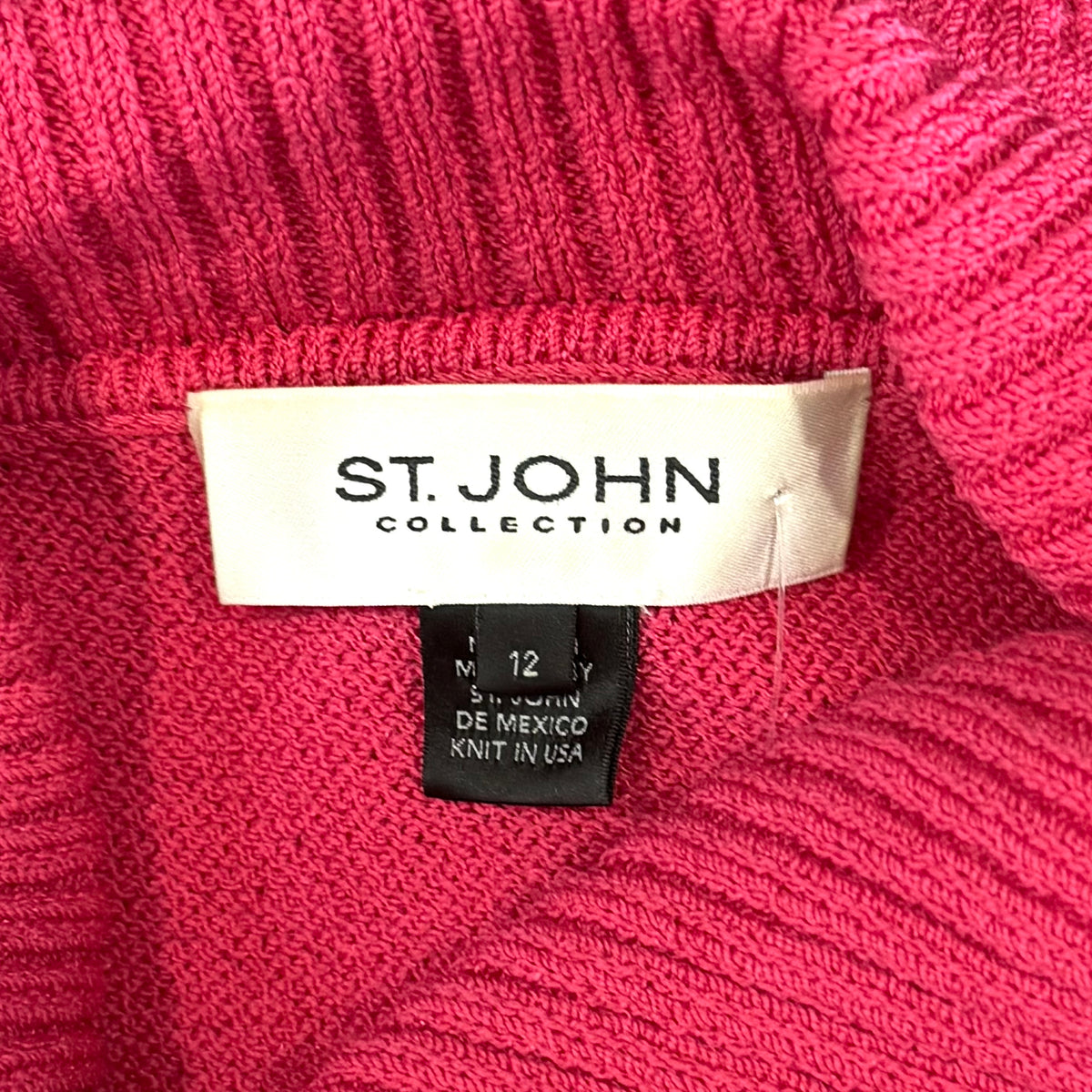 St. John Hot Pink Santana Knit Jacket – White Trim & Pink Zipper Pull – Size 12