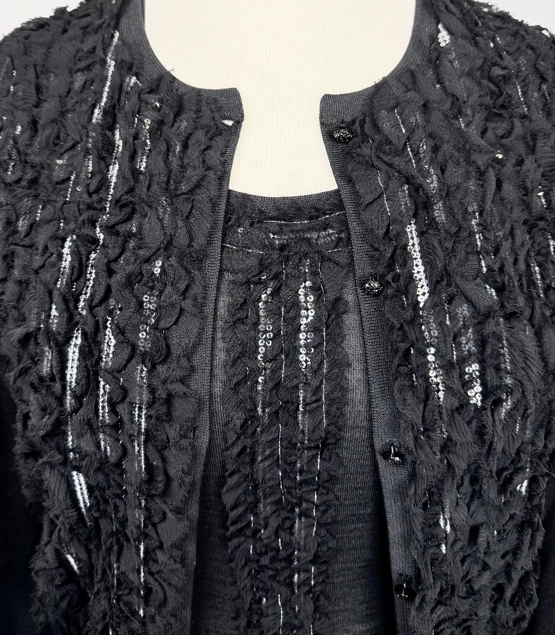 St. John Black Knit Twin Set with Ruffled Sequin Trim – Lightweight & Elegant - Size M