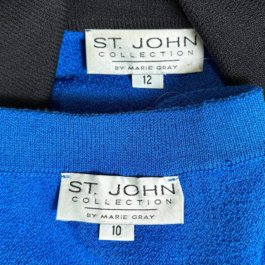 St. John Blue Textured Knit Double-Breasted Skirt Suit – Black Trim & Gold Logo Buttons - Size 10/12