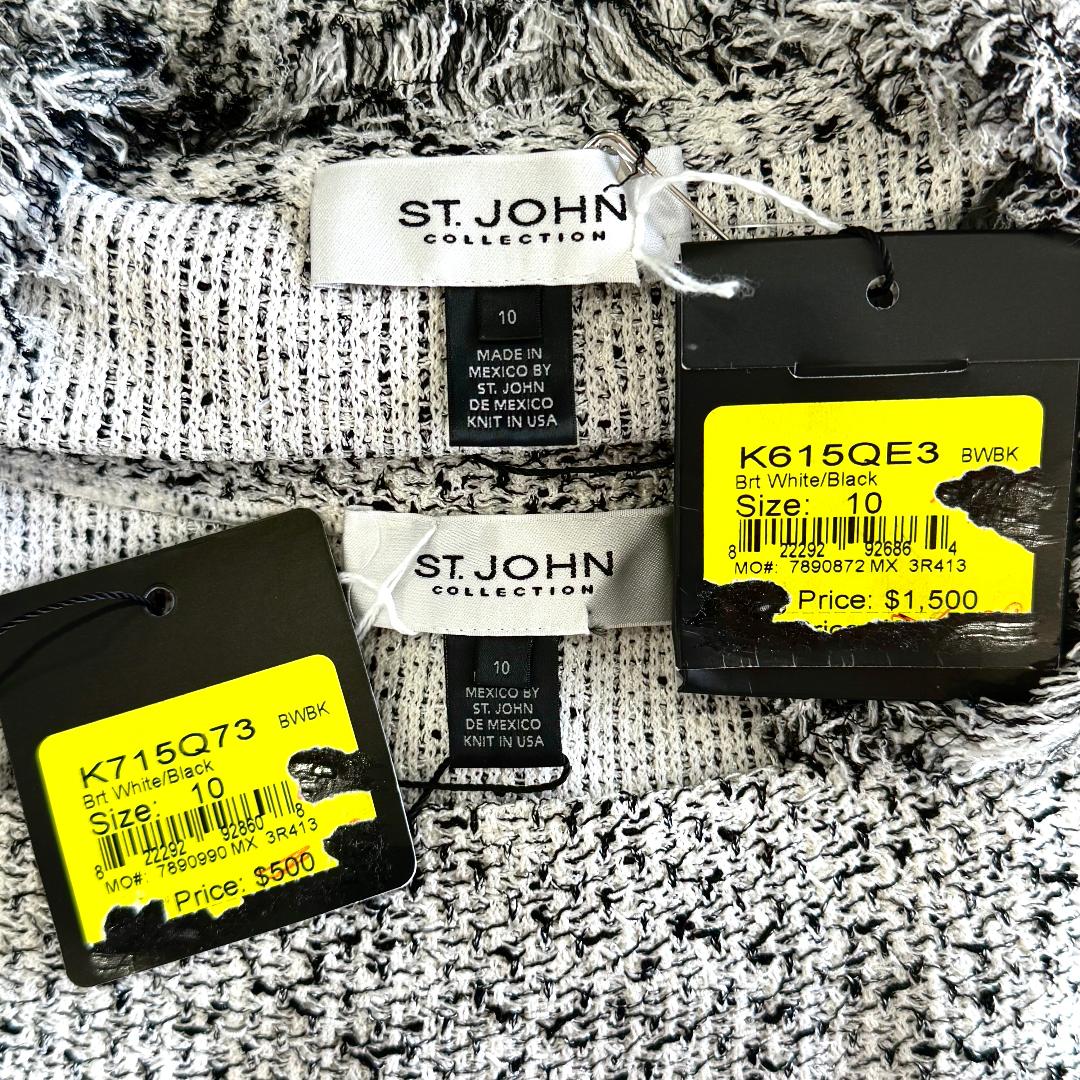 St. John Black & White Textured Wool Blend Knit 2-Piece Set – Fringe Jacket & Elastic Waist Skirt – Size 10 - NWT $2,000