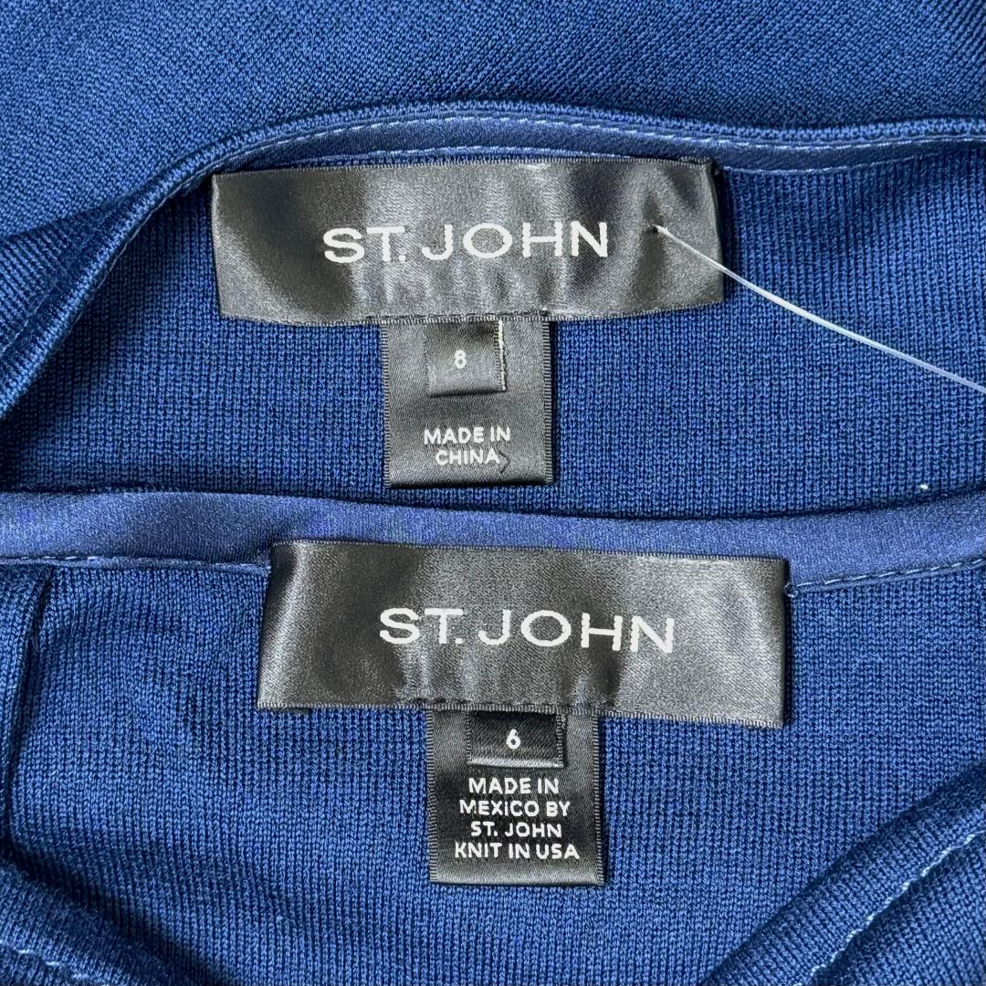 St. John Blue Wool Blend Knit Skirt Suit – Embellished Jacket – Size 6