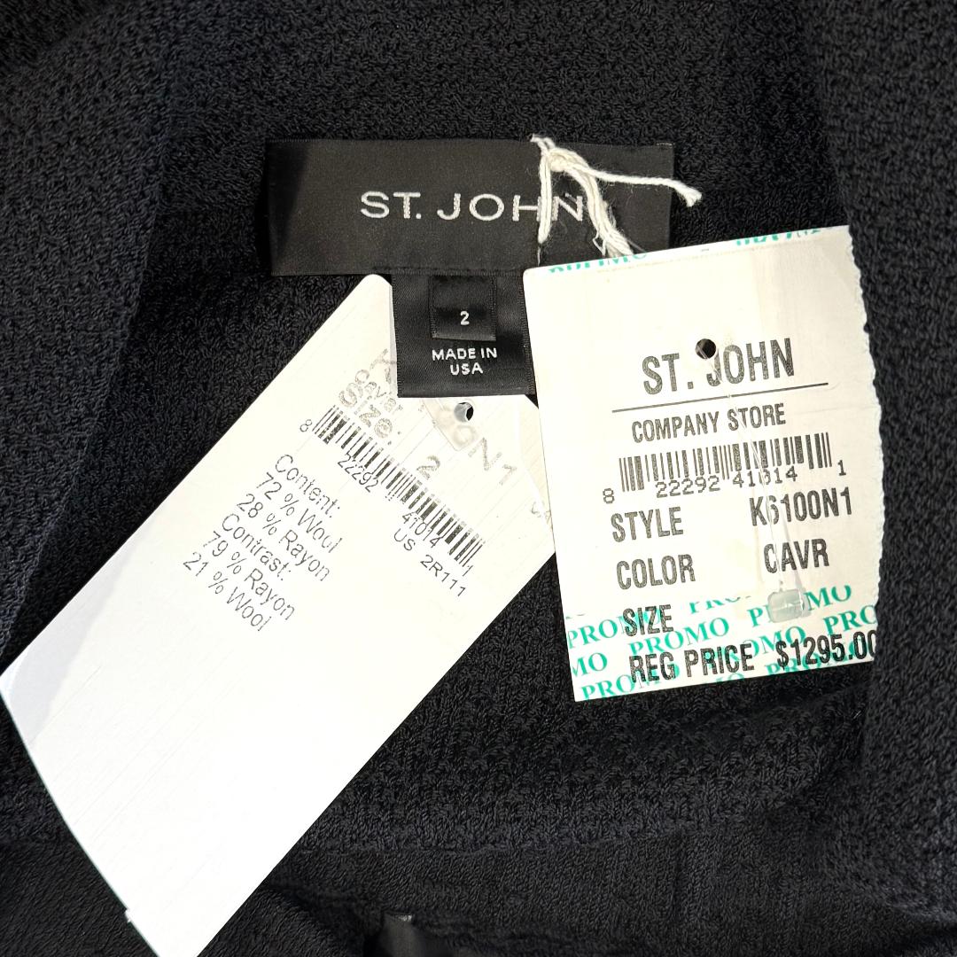 St. John Black Textured Santana Knit 2-Piece Suit – Rounded Lapel Jacket & Matching Skirt – Jacket Size 2 / Skirt Size 2 (Fits Like 4) - NWT $1,295