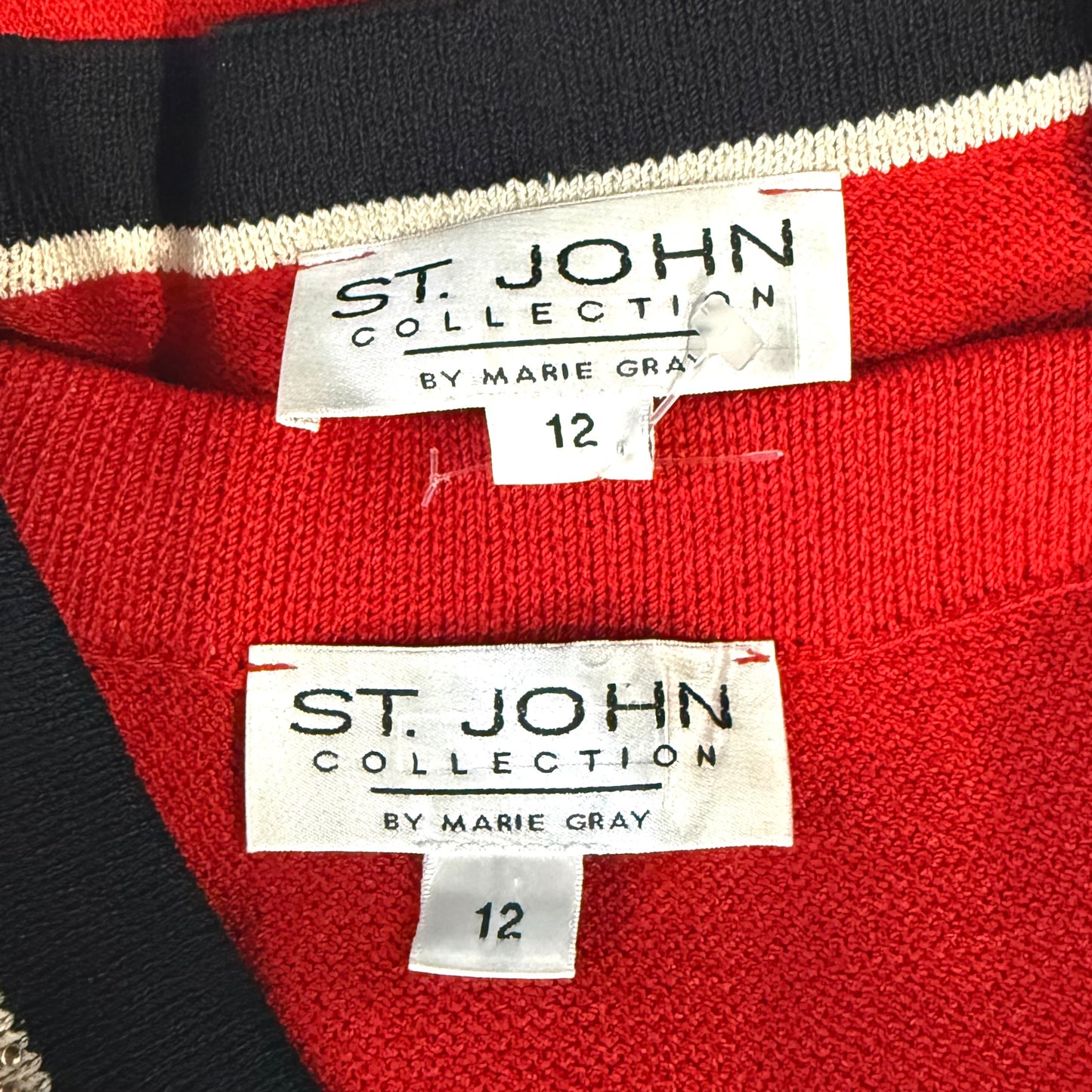 St. John Red Santana Knit Jacket & Skirt Set – Gold Logo Buttons – Size 12