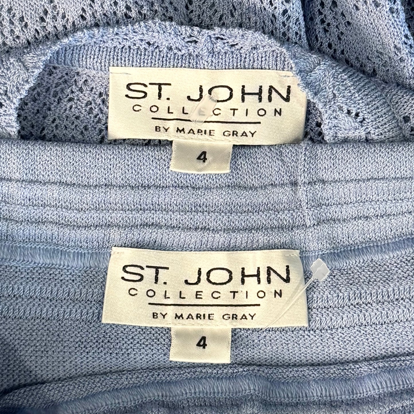 St. John Blue Textured Santana Knit Jacket & Skirt Suit – Gold Pearl Buttons – Size 4
