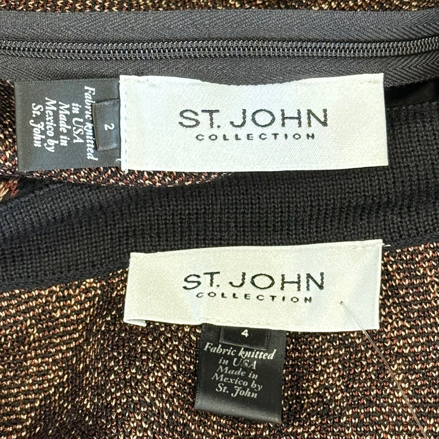 St. John Black & Brown Animal Print Knit 2-Piece Suit – Zip Front Jacket & Dress – Size 2 and 4