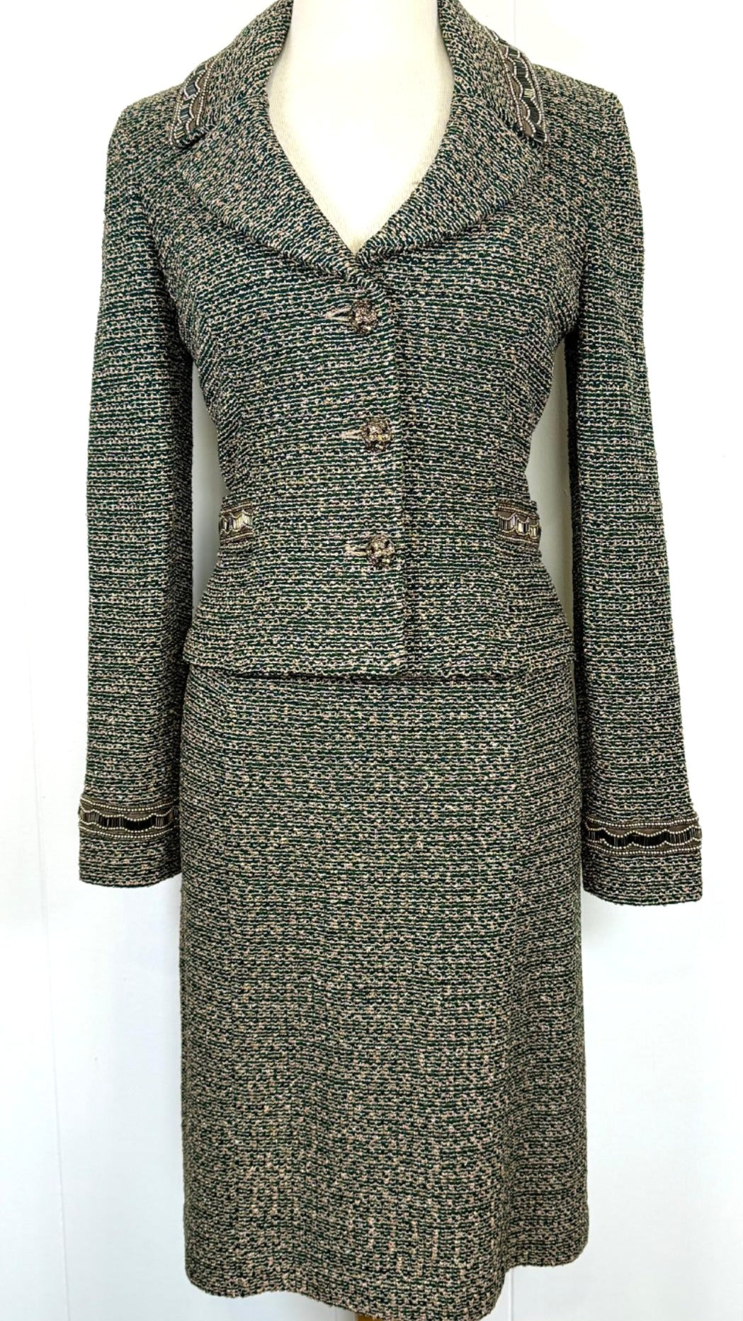 St. John Couture Jacket and Skirt Set in Green/Gold Metallic Knit - Size 4