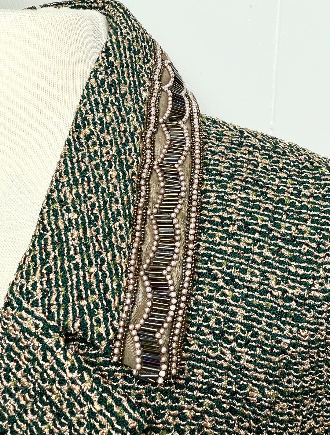 St. John Couture Jacket and Skirt Set in Green/Gold Metallic Knit - Size 4